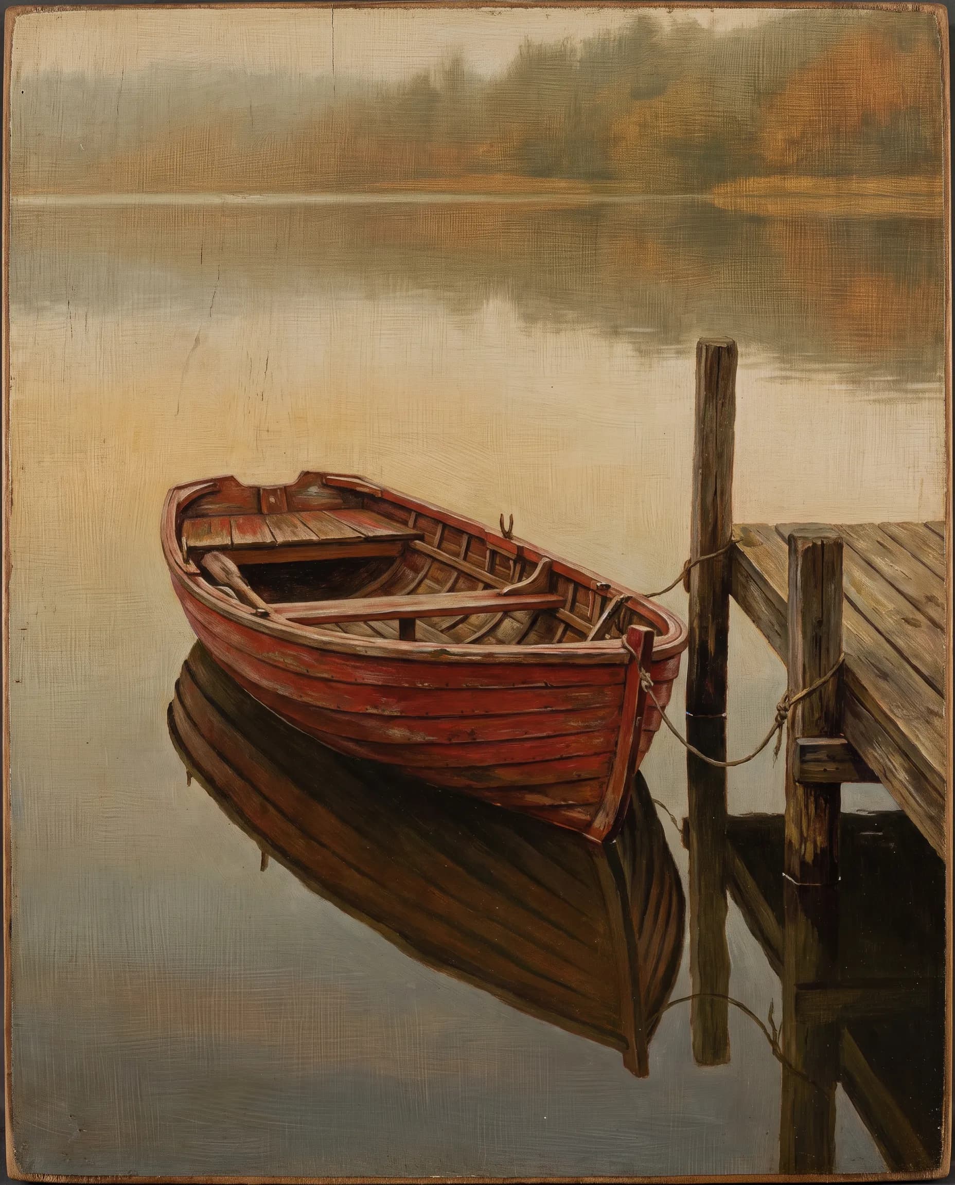 Red rowboat at a jetty in an egg tempera painting on wood panel