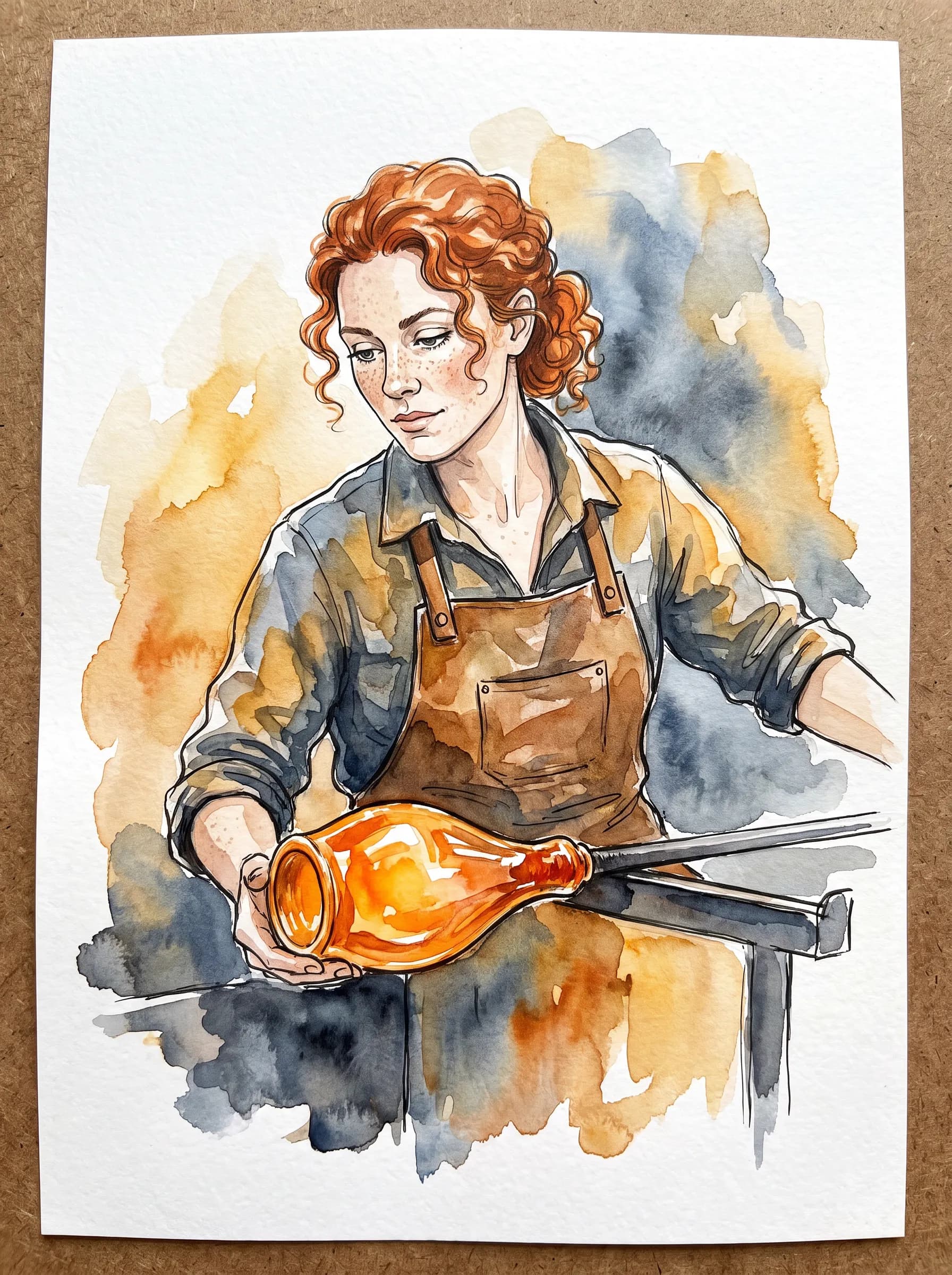 Glassblower shaping a glowing vase in watercolor and ink, semi-realistic illustration style