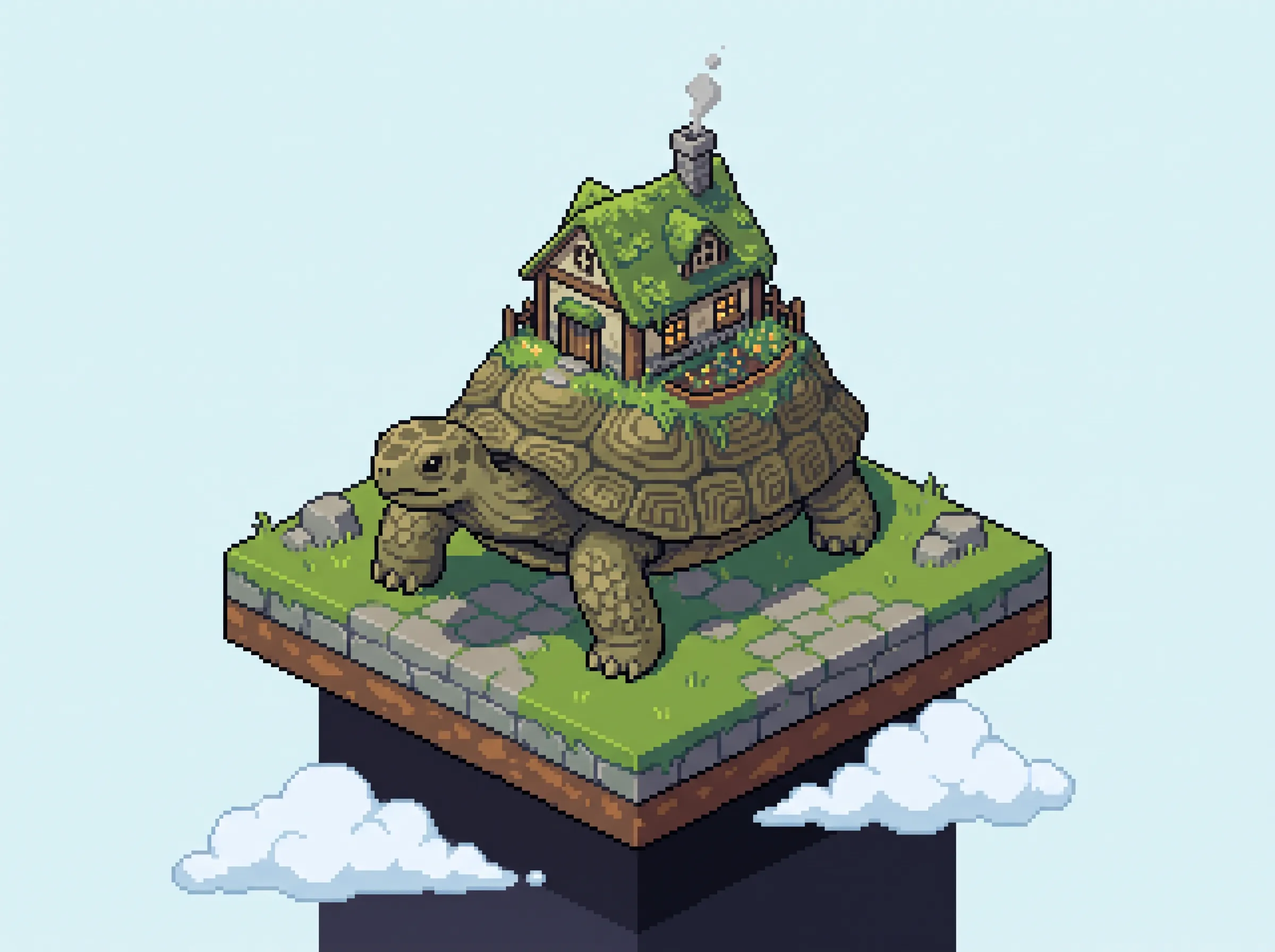 Giant tortoise with a moss-roofed cottage on a floating grass tile, isometric pixel art