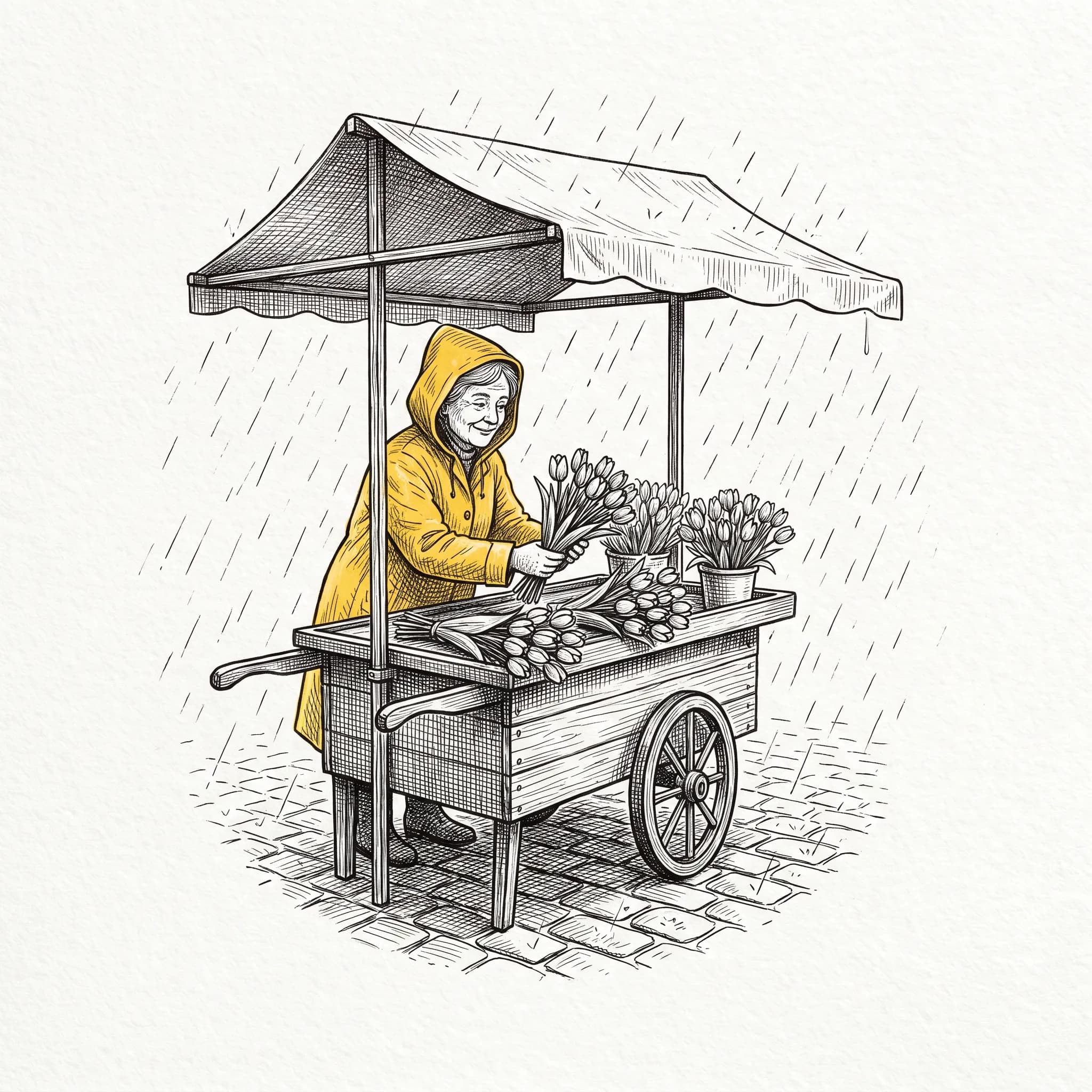 Crosshatched pen and ink spot of a flower seller at her tulip cart, illustrative art style