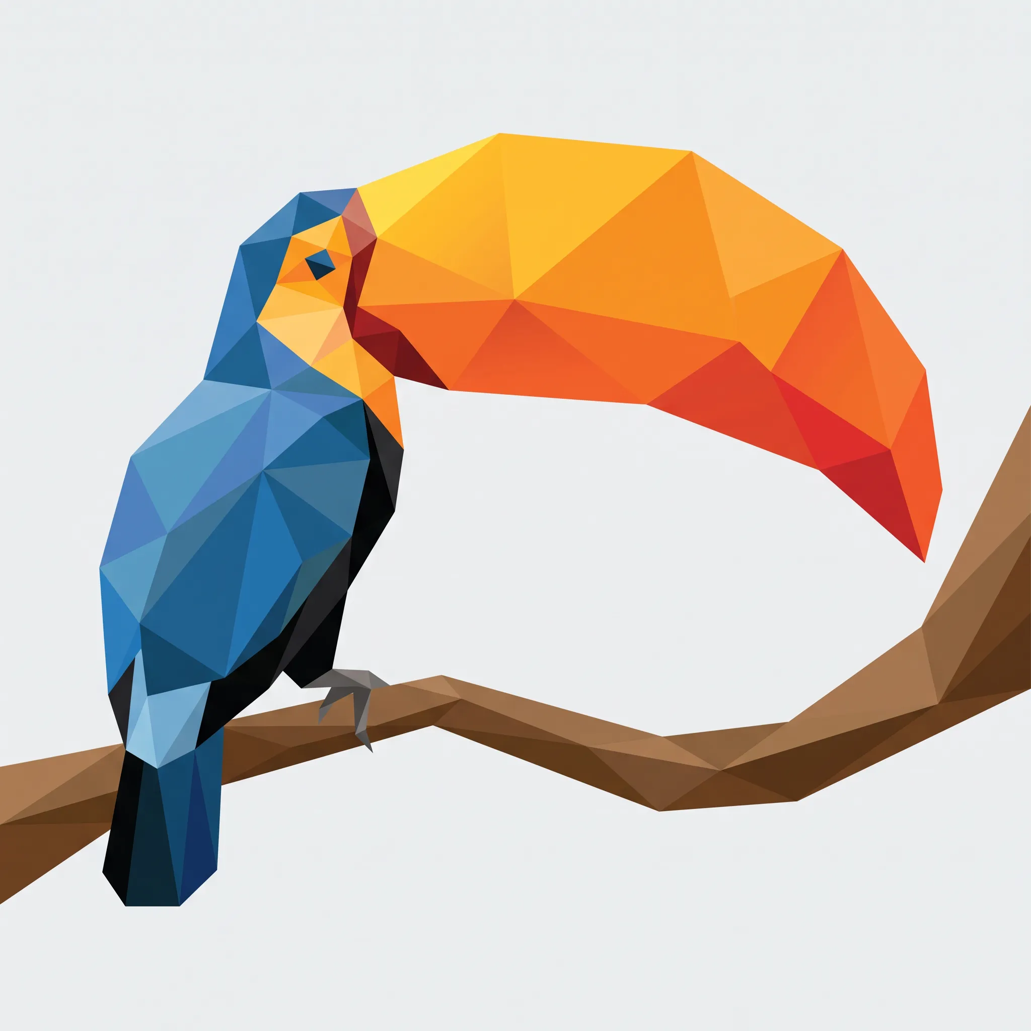 Low-poly toucan built from triangular facets on a curved branch, vector art style