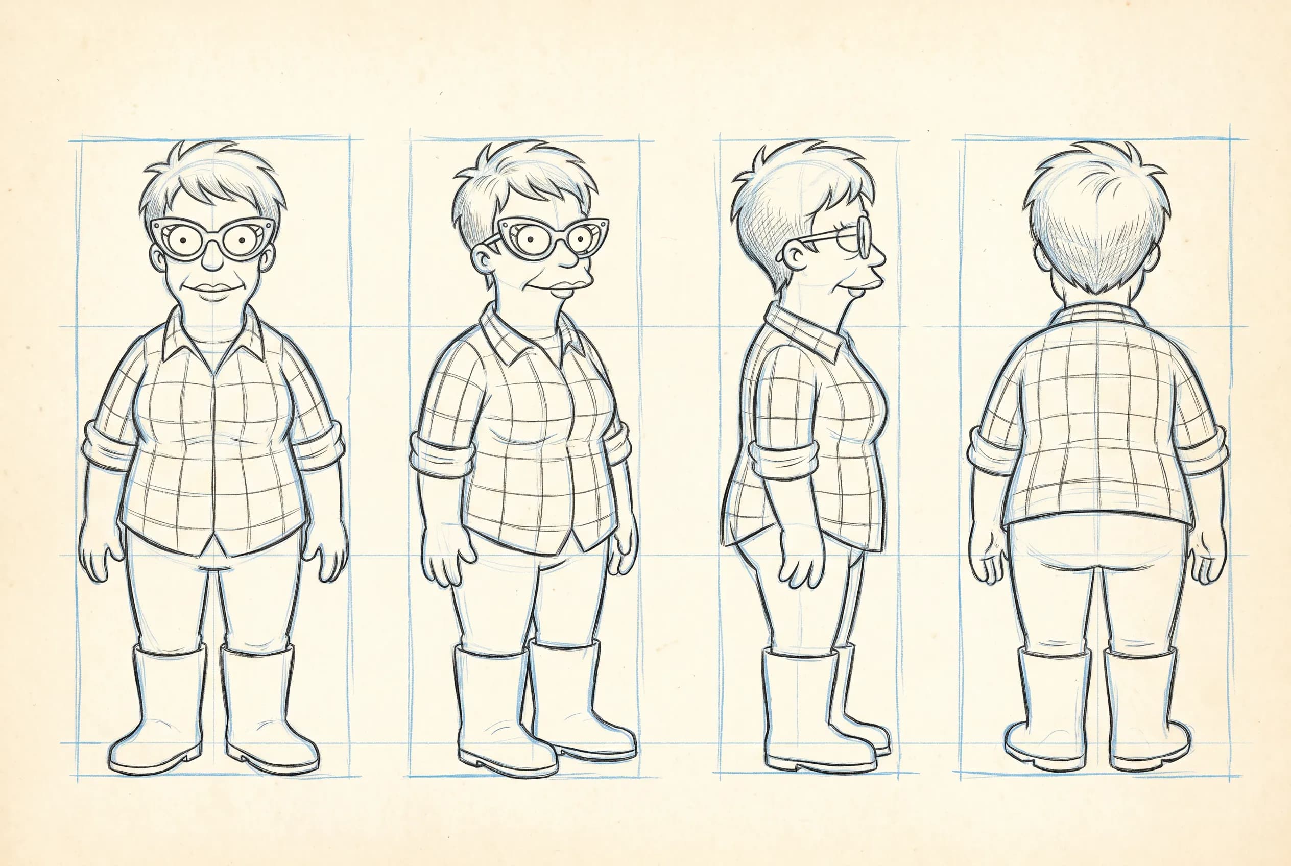 Pencil turnaround model sheet of a stout woman in cat-eye glasses and rubber boots, Simpsons art style