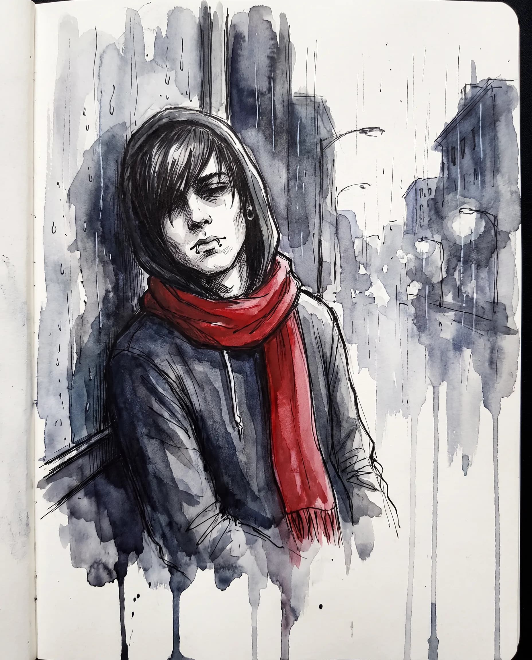 Ink and gray watercolor illustration of a stubbled man slouched by a rainy window, emo art style