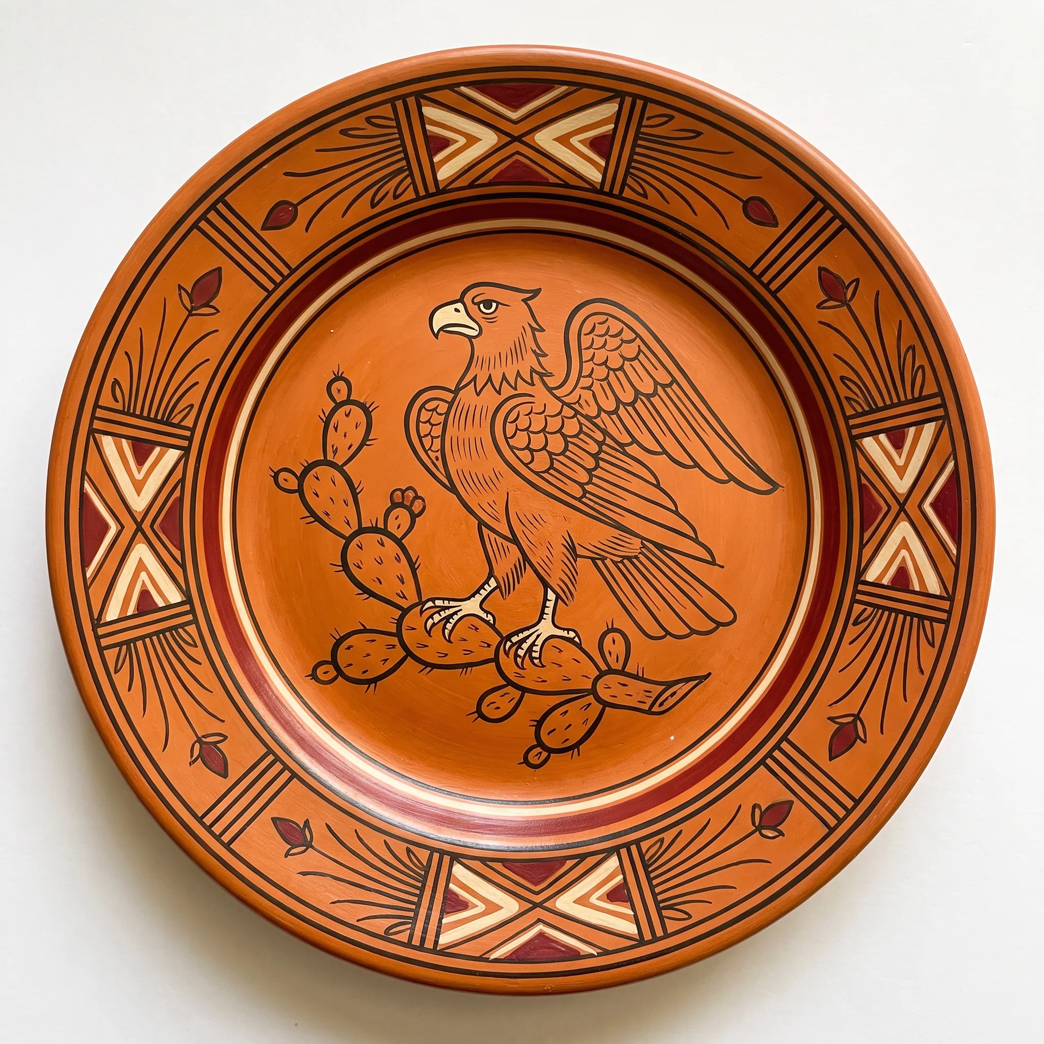 Orange ceramic plate painted with an eagle on a nopal cactus, Aztec art style