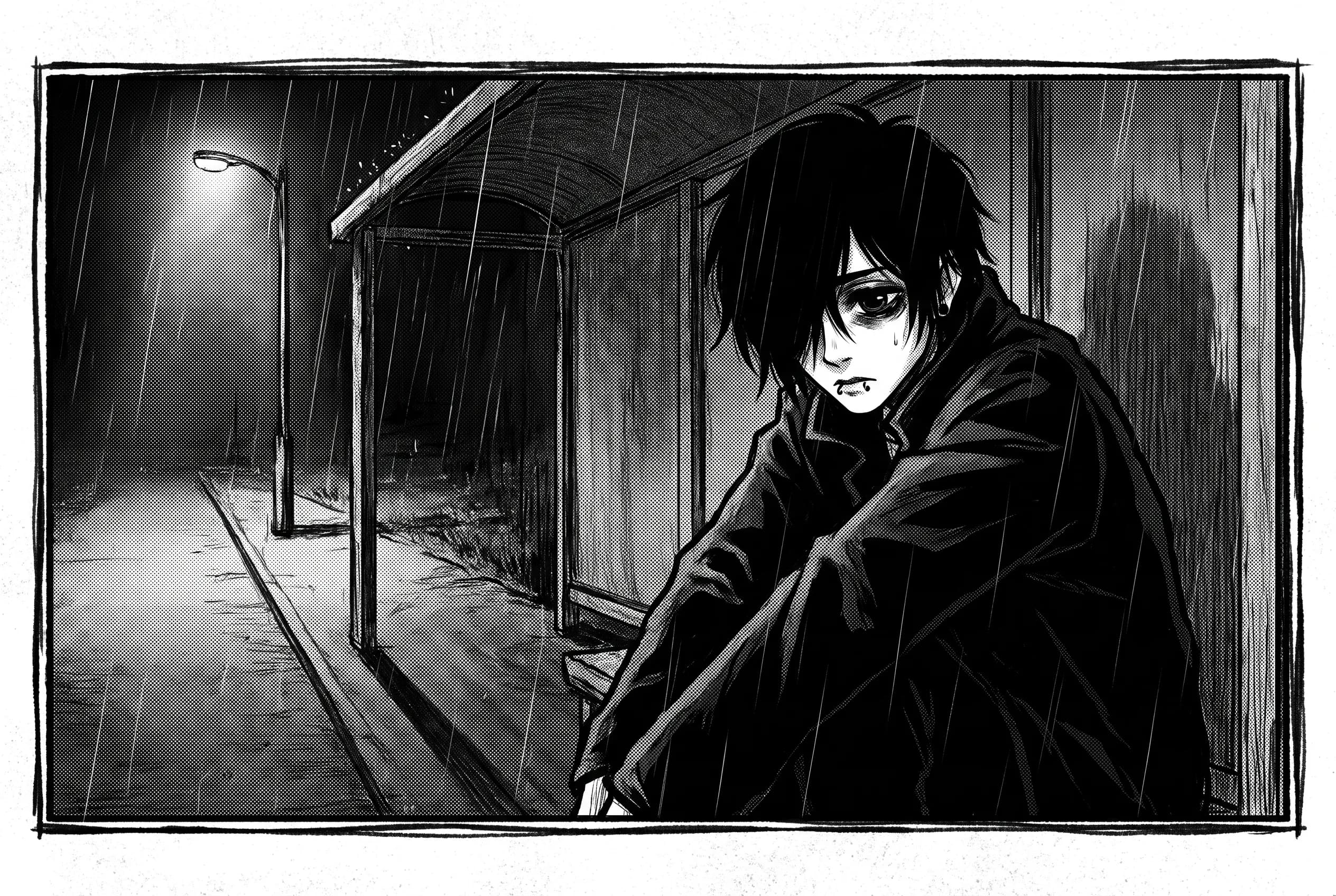 Black and white manga comic panel of a stubbled man alone at a rainy bus stop, emo art style