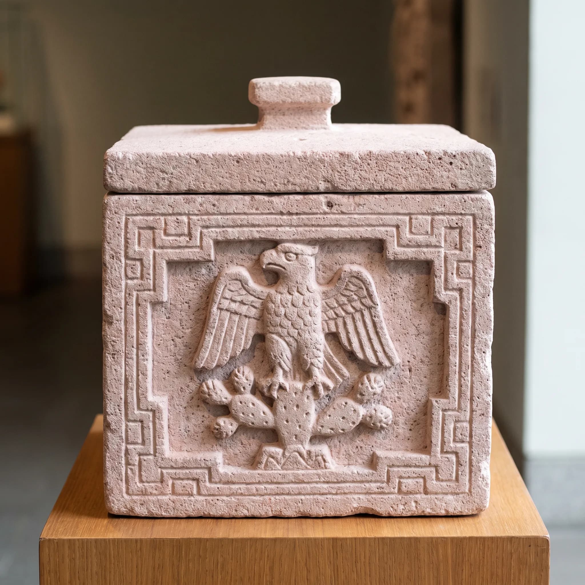 Pale volcanic stone lidded box carved with an eagle on a nopal cactus, Aztec art style