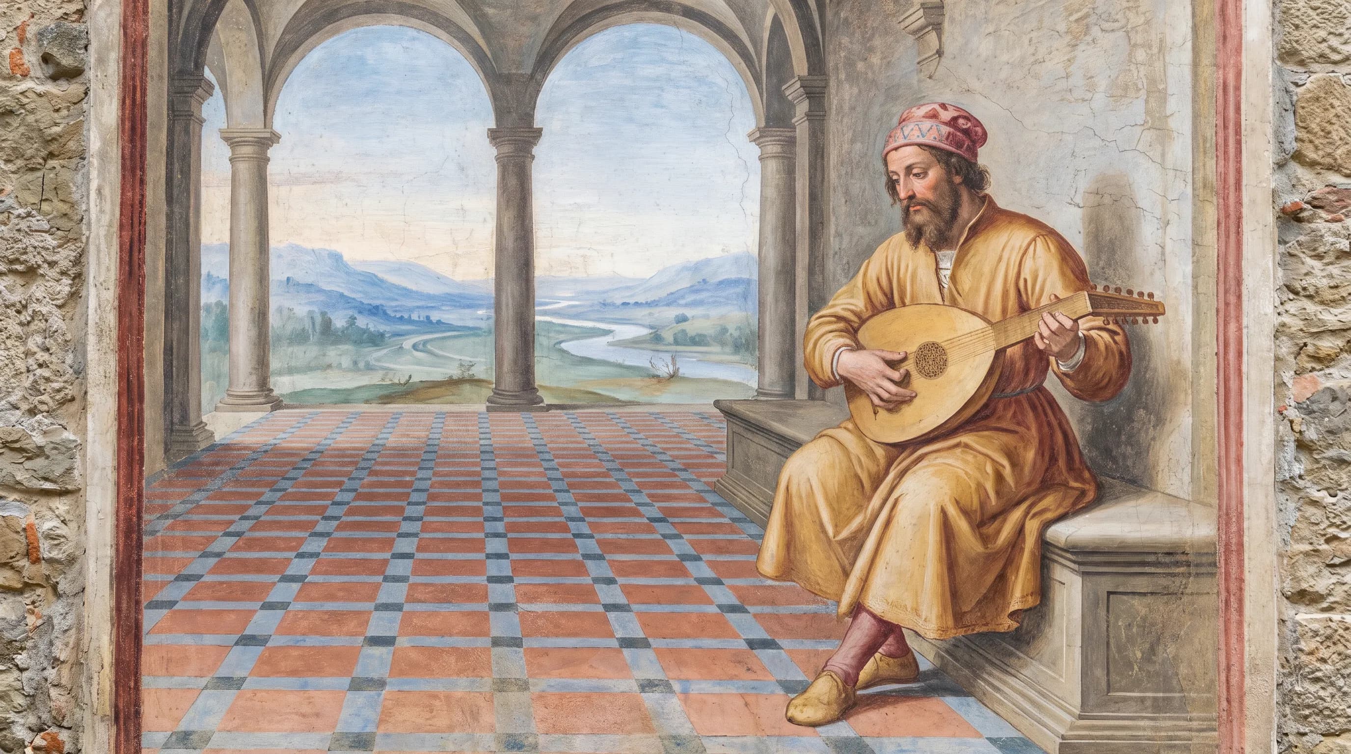 Fresco of a bearded lute player in a stone loggia above a river valley, renaissance art style