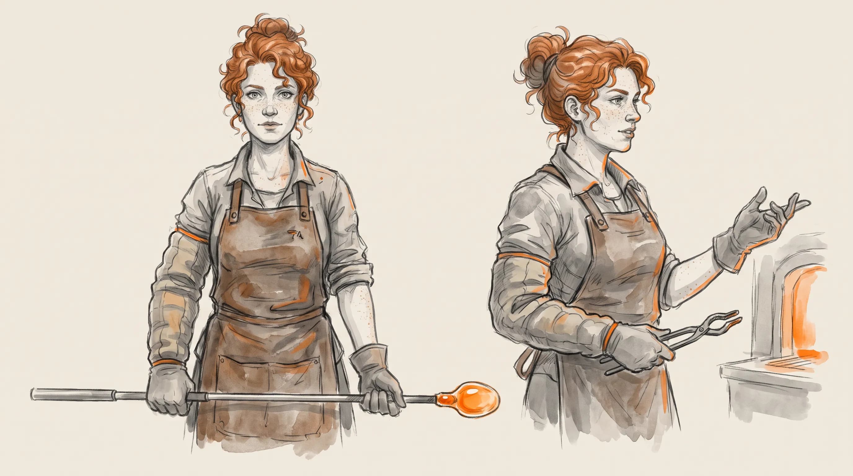 Front and three-quarter views of a glassblower on a concept sheet, semi-realistic concept art style