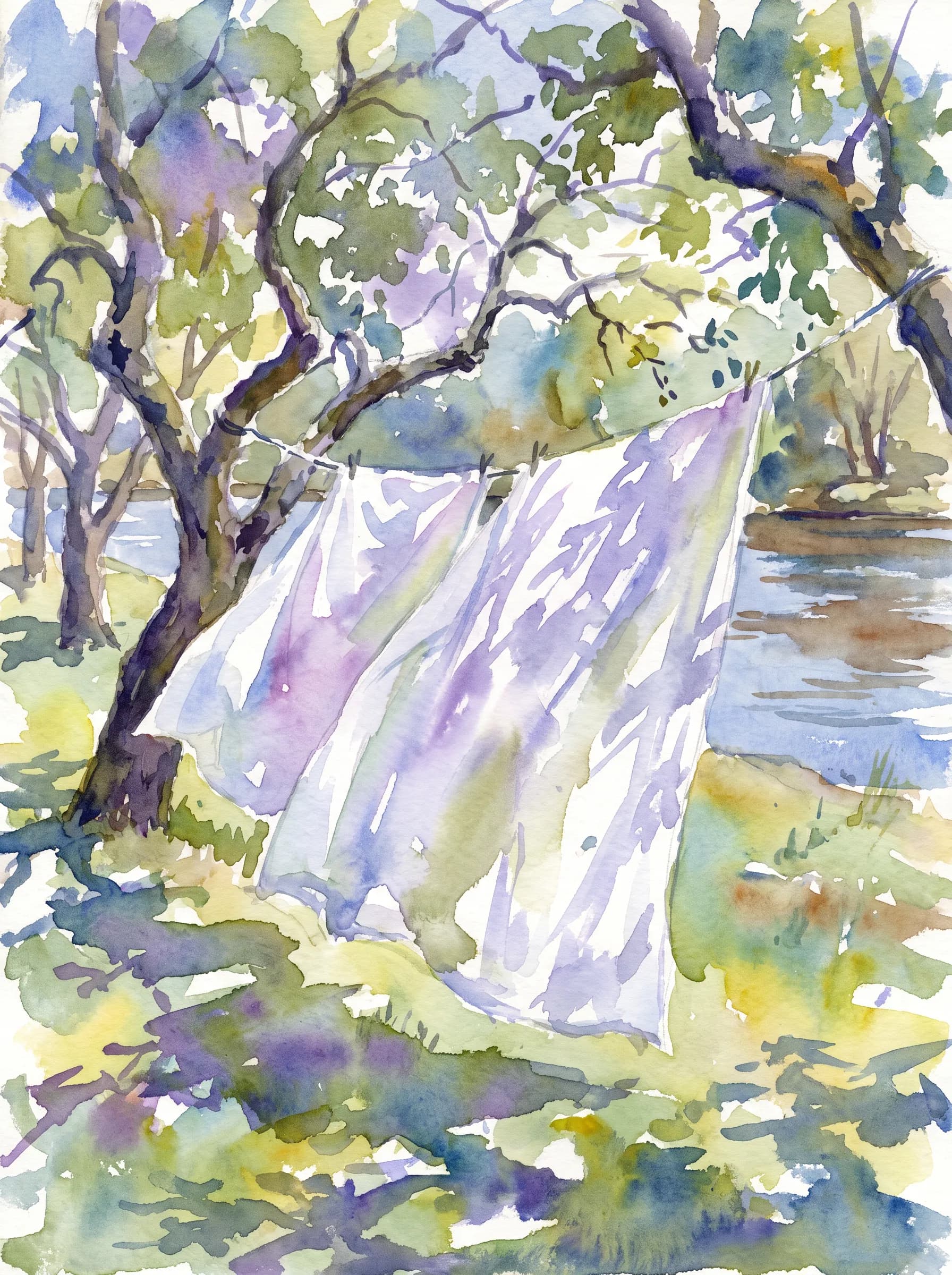 Watercolor of white sheets on a line in a riverside orchard at noon, Claude Monet art style