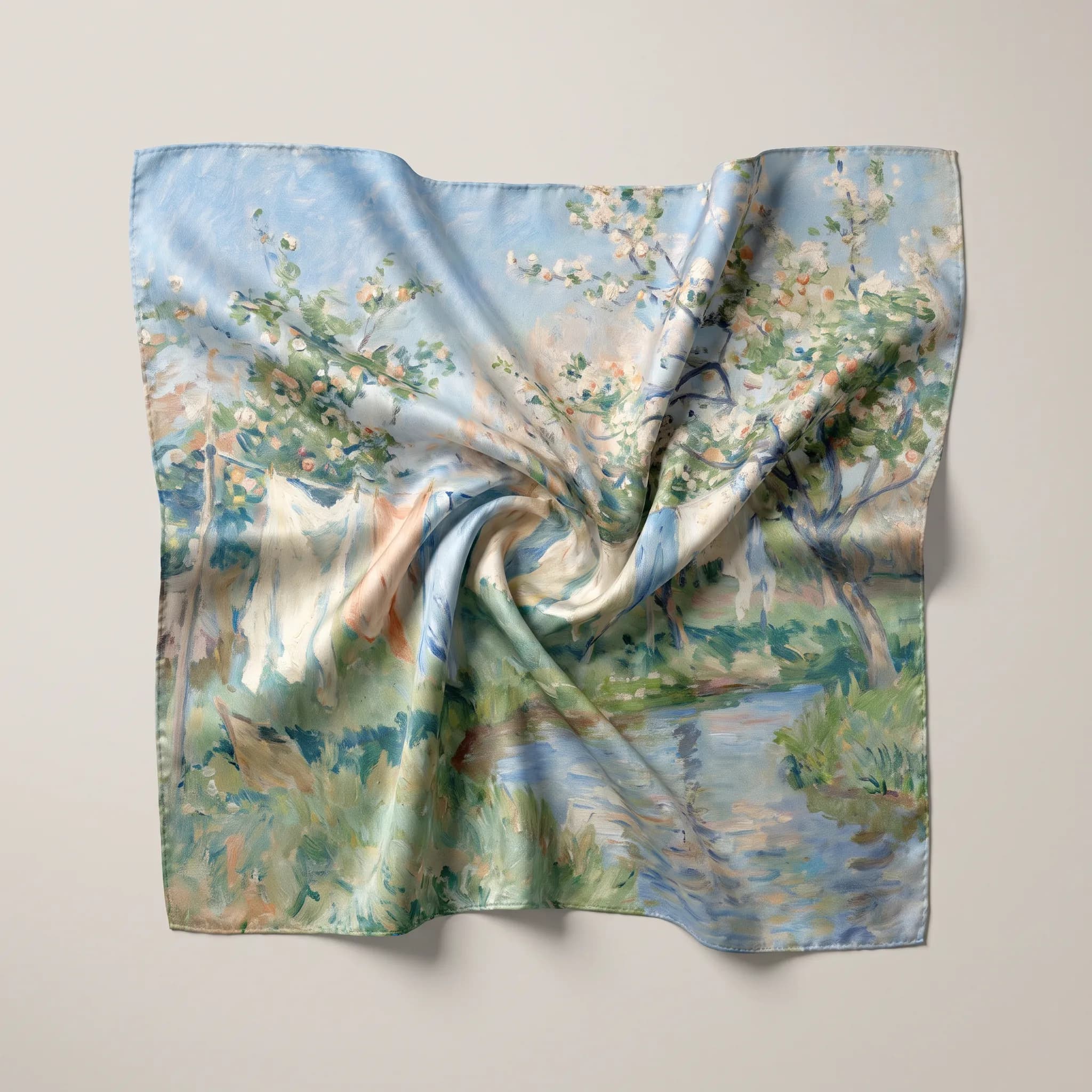 Silk scarf printed with sheets drying in a riverside orchard, Claude Monet art style