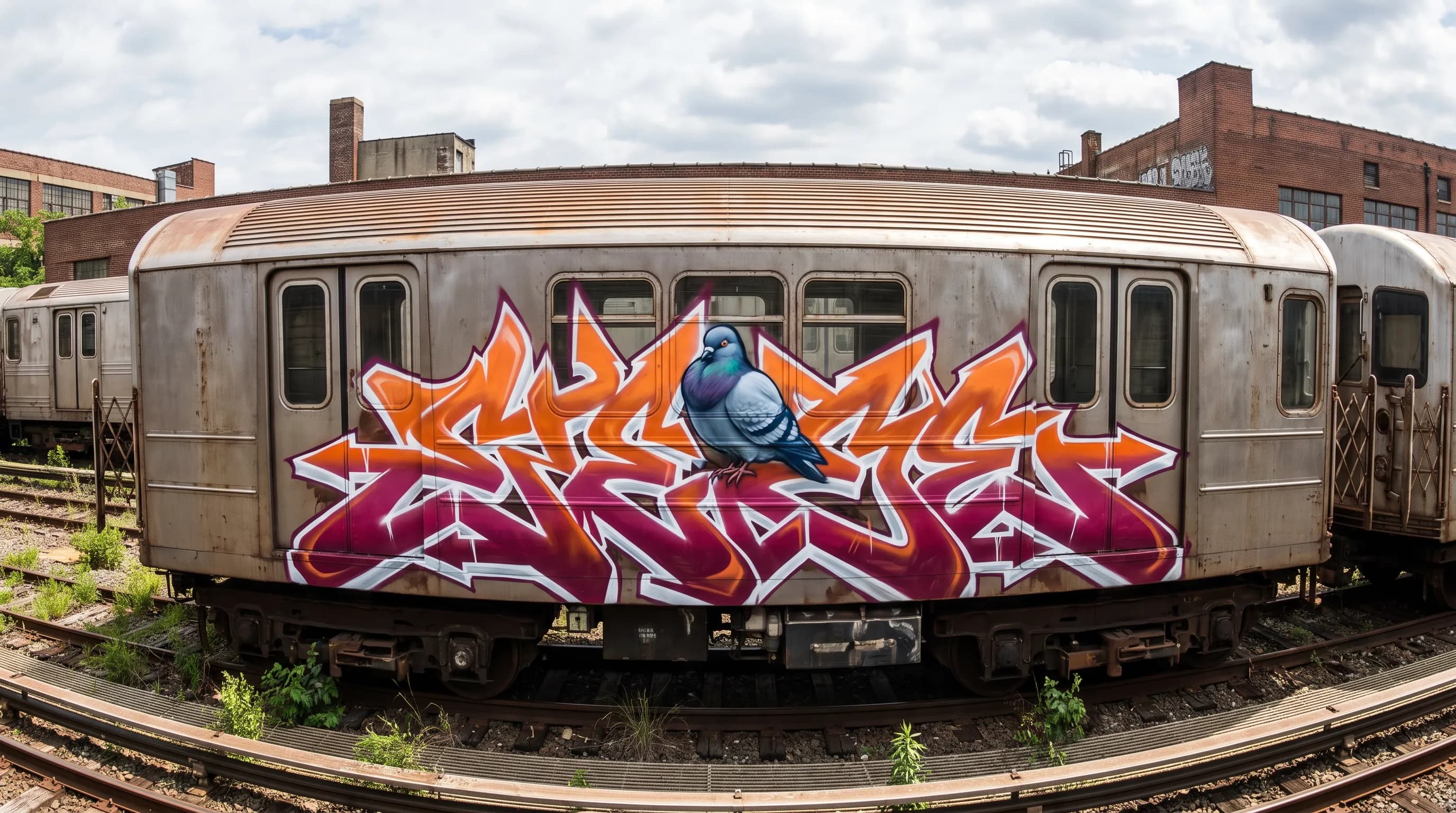 Plump city pigeon inside a wildstyle piece on a 1970s subway car, wildstyle graffiti