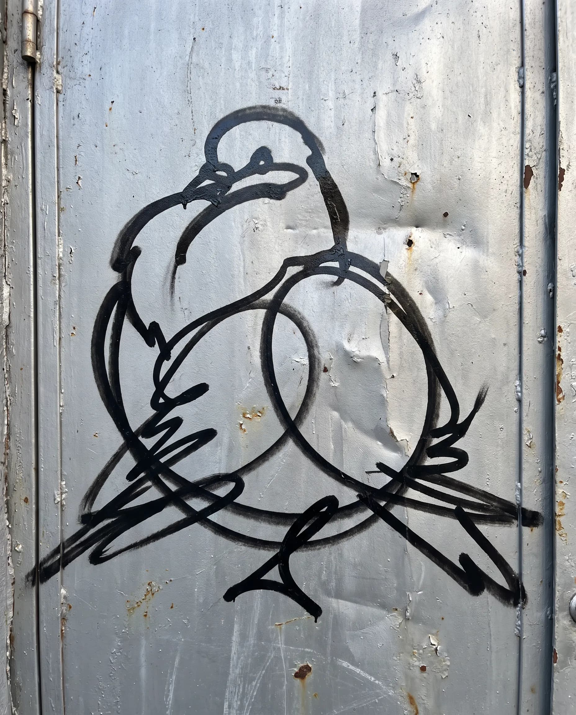 Plump city pigeon drawn in one looping marker line on a steel door, tag graffiti style