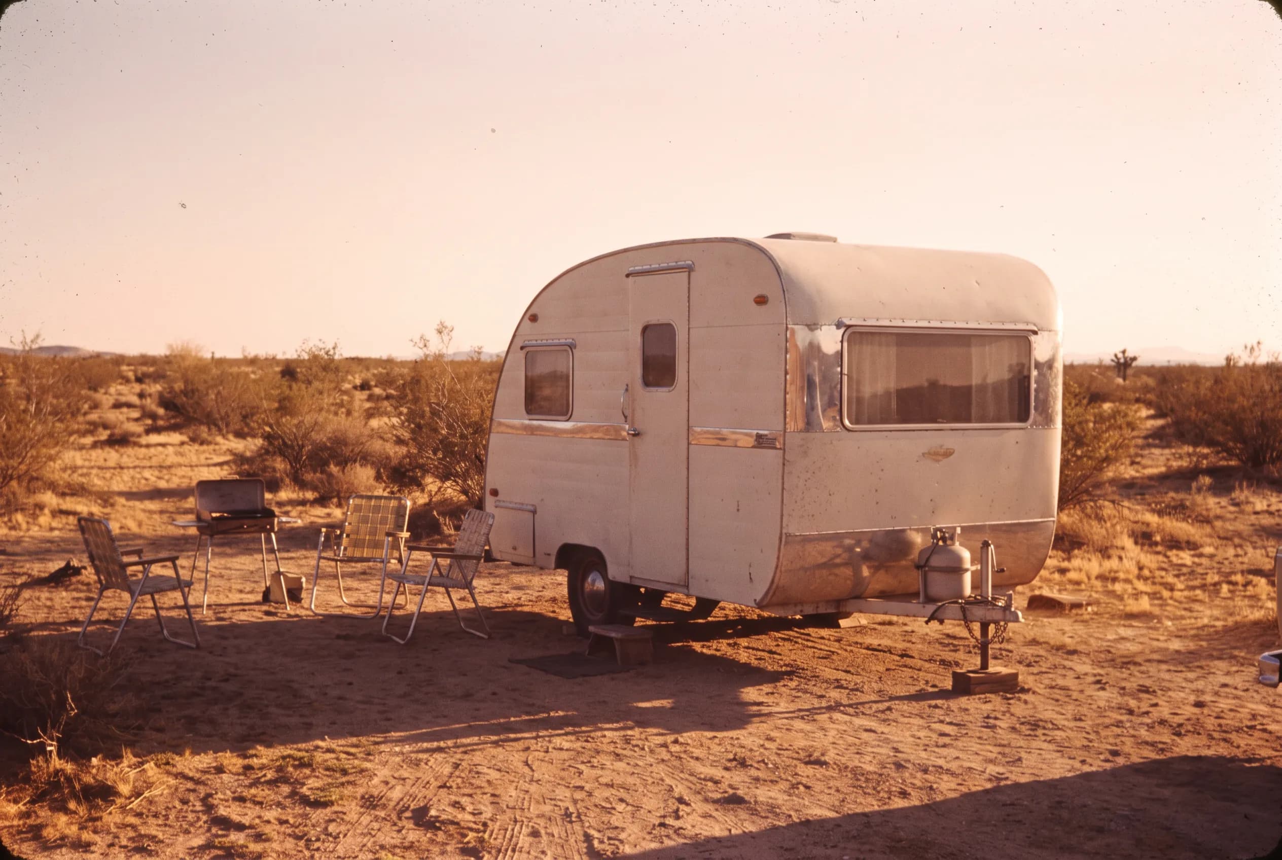 Faded color slide photo of a teardrop camper trailer at a desert campsite, retro art style