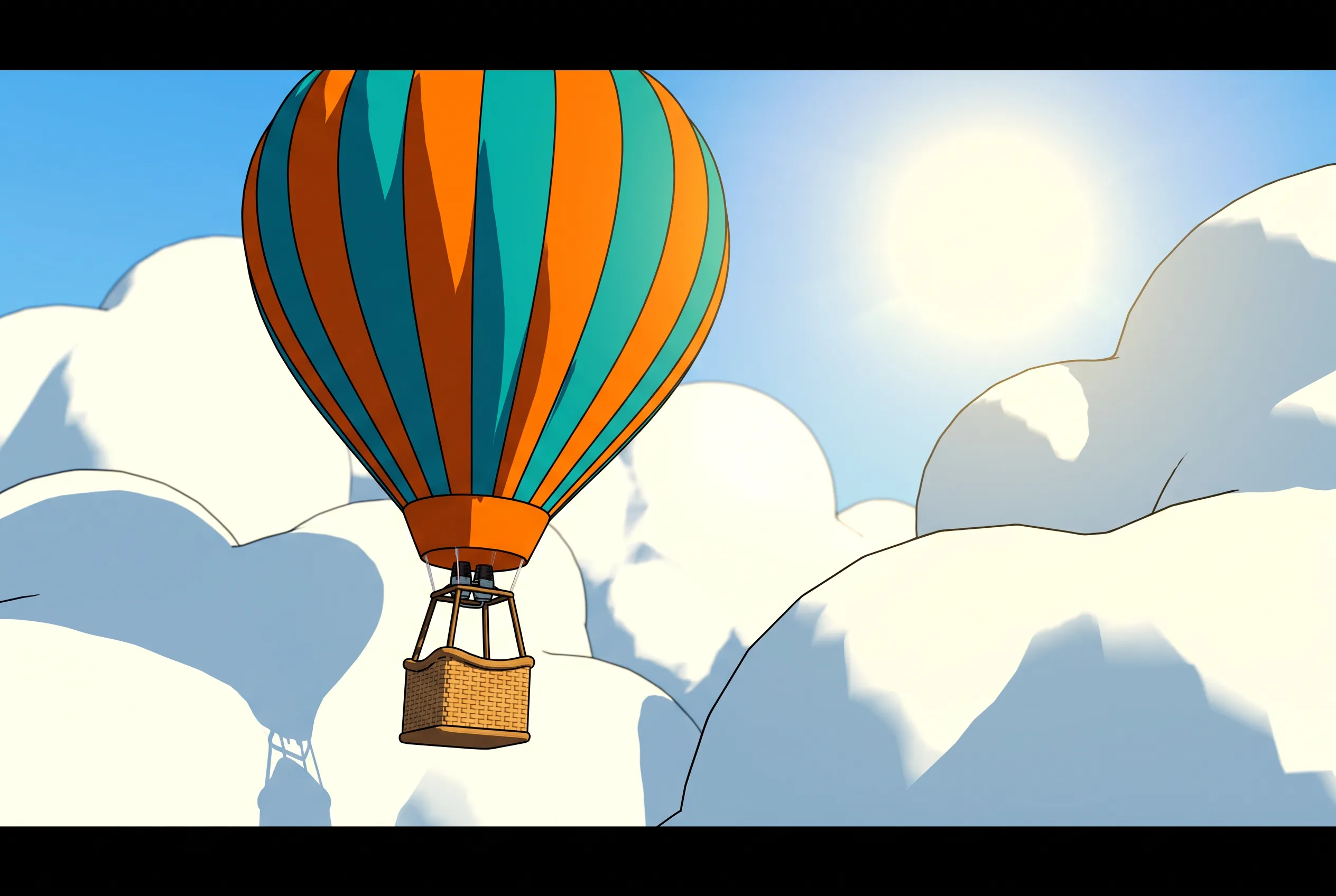 Hot air balloon rising past clouds with thick black outlines, cel-shaded toon 3D art style