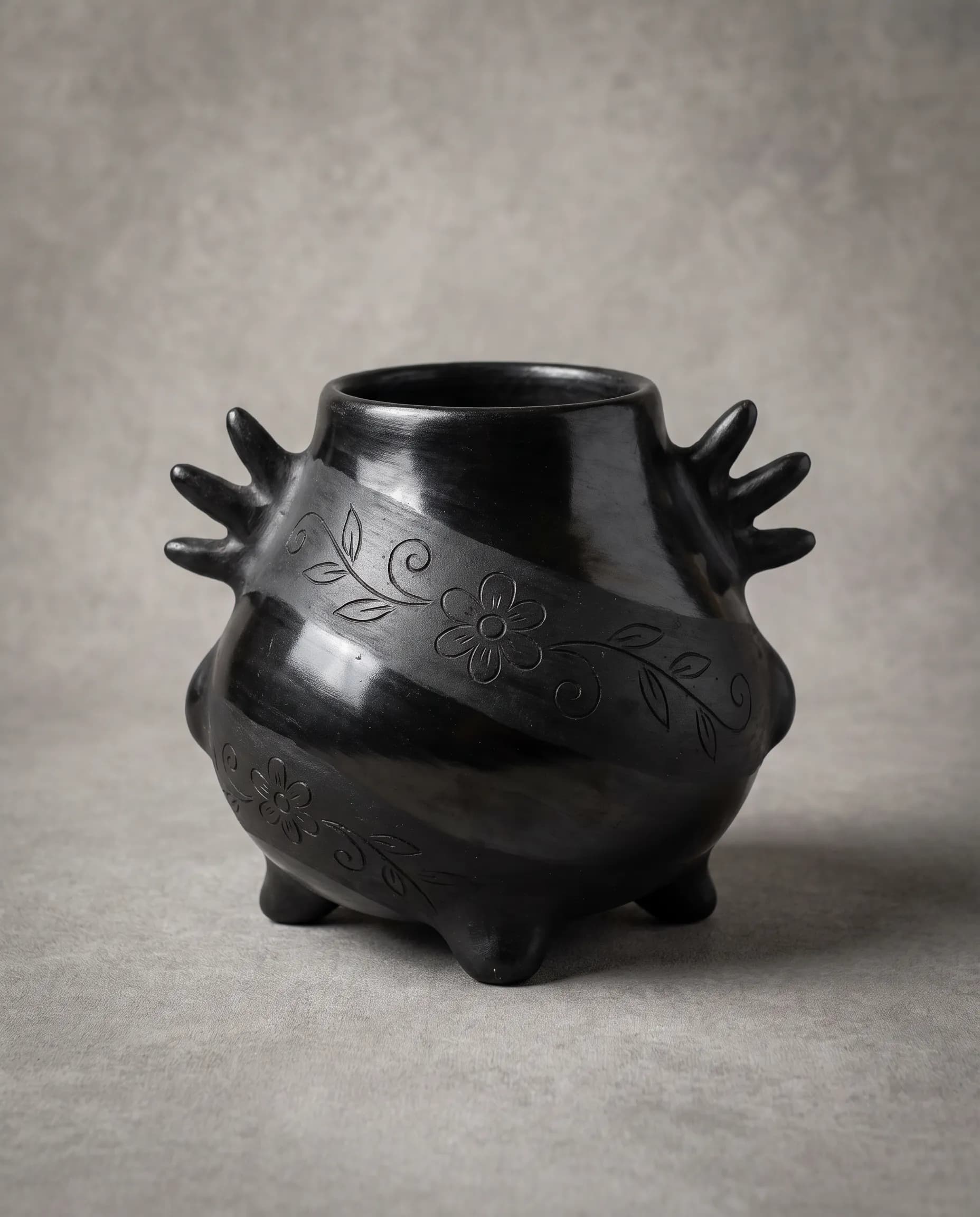 Barro negro blackware jar shaped like an axolotl with burnished bands, Oaxacan pottery style