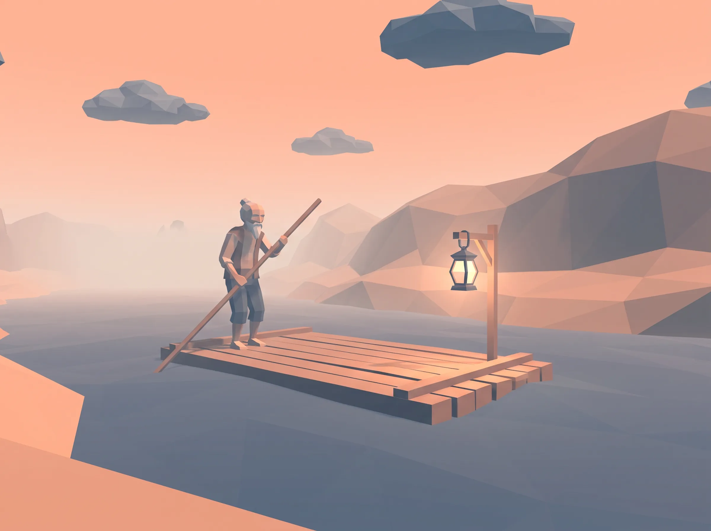 Elderly ferryman poling a raft across a river at dawn, low poly 3D game art