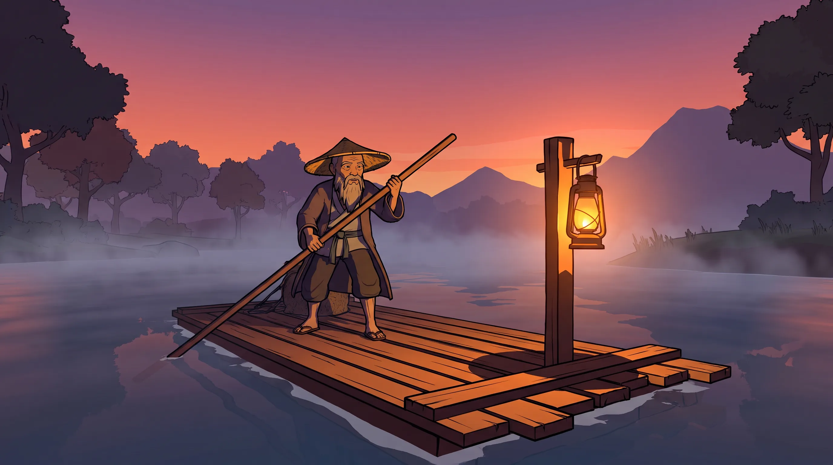 Elderly ferryman poling a raft across a misty river, cel-shaded 3D game art