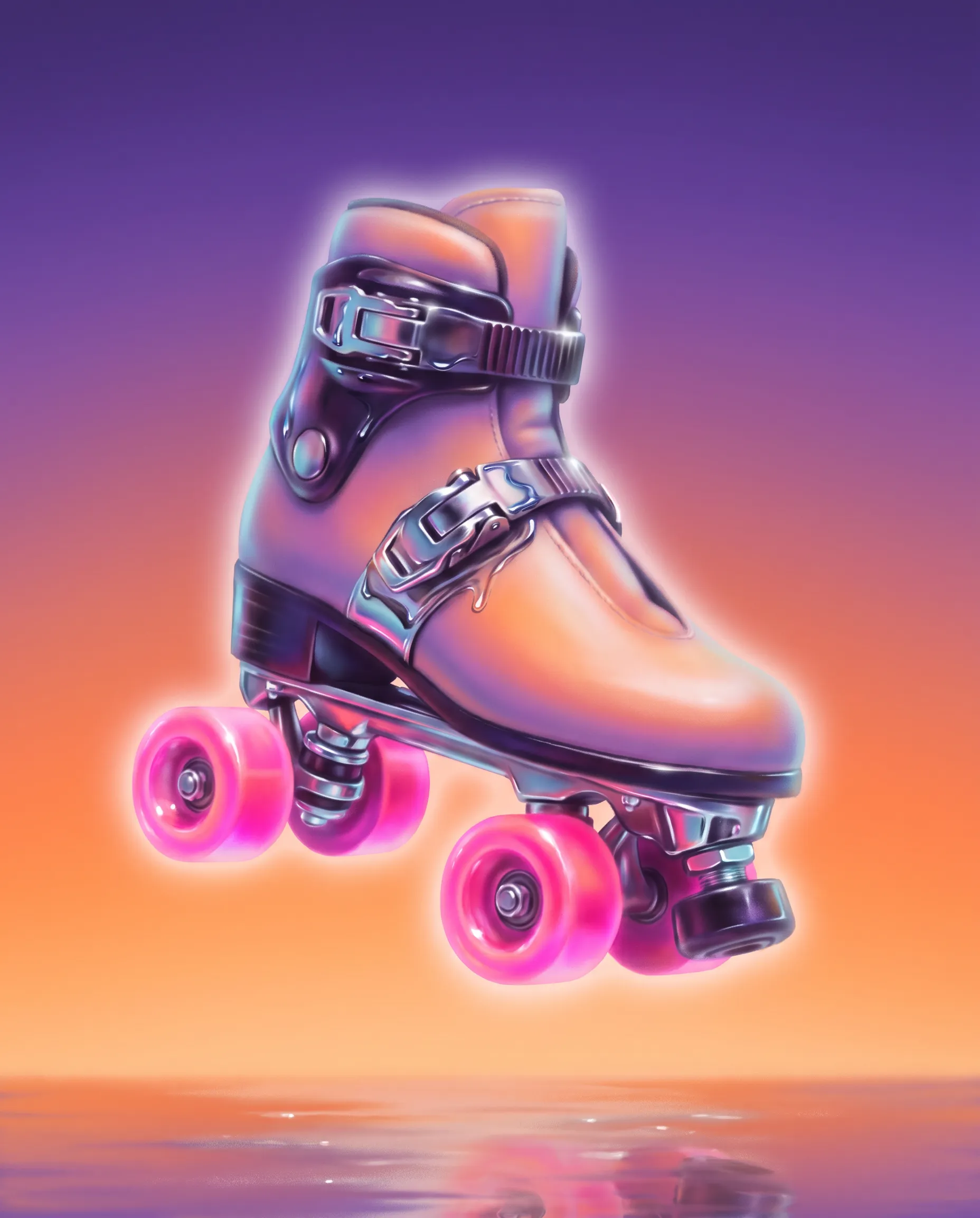 Airbrush illustration of a high-top roller skate with chrome highlights, 80s art style