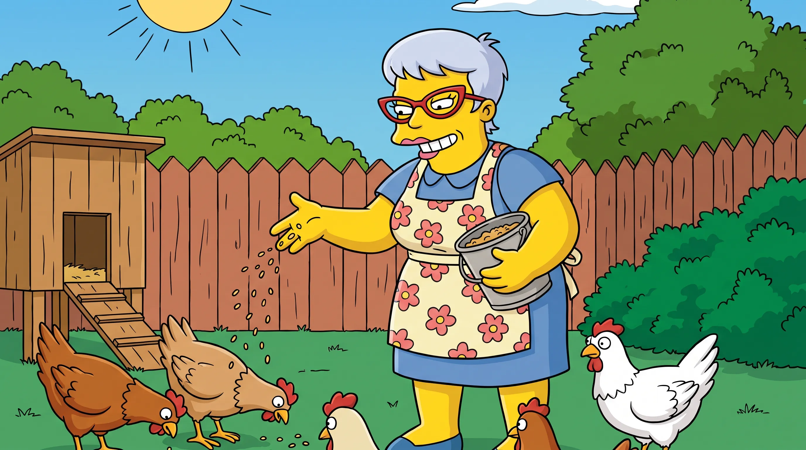 Stout woman in cat-eye glasses feeding her backyard chickens, TV animation still in Simpsons art style