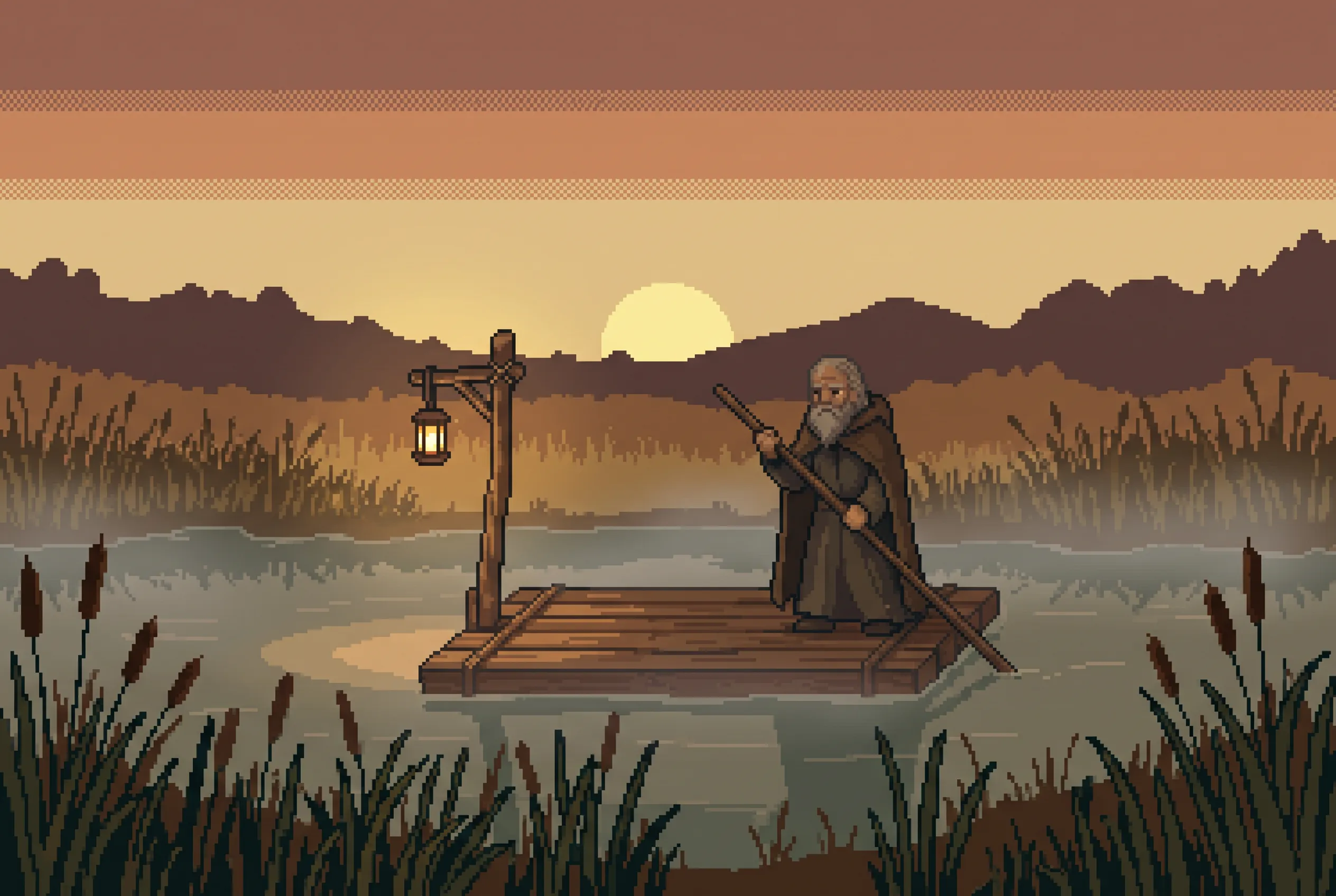 Elderly ferryman on a raft crossing a misty river, side-view pixel art game scene