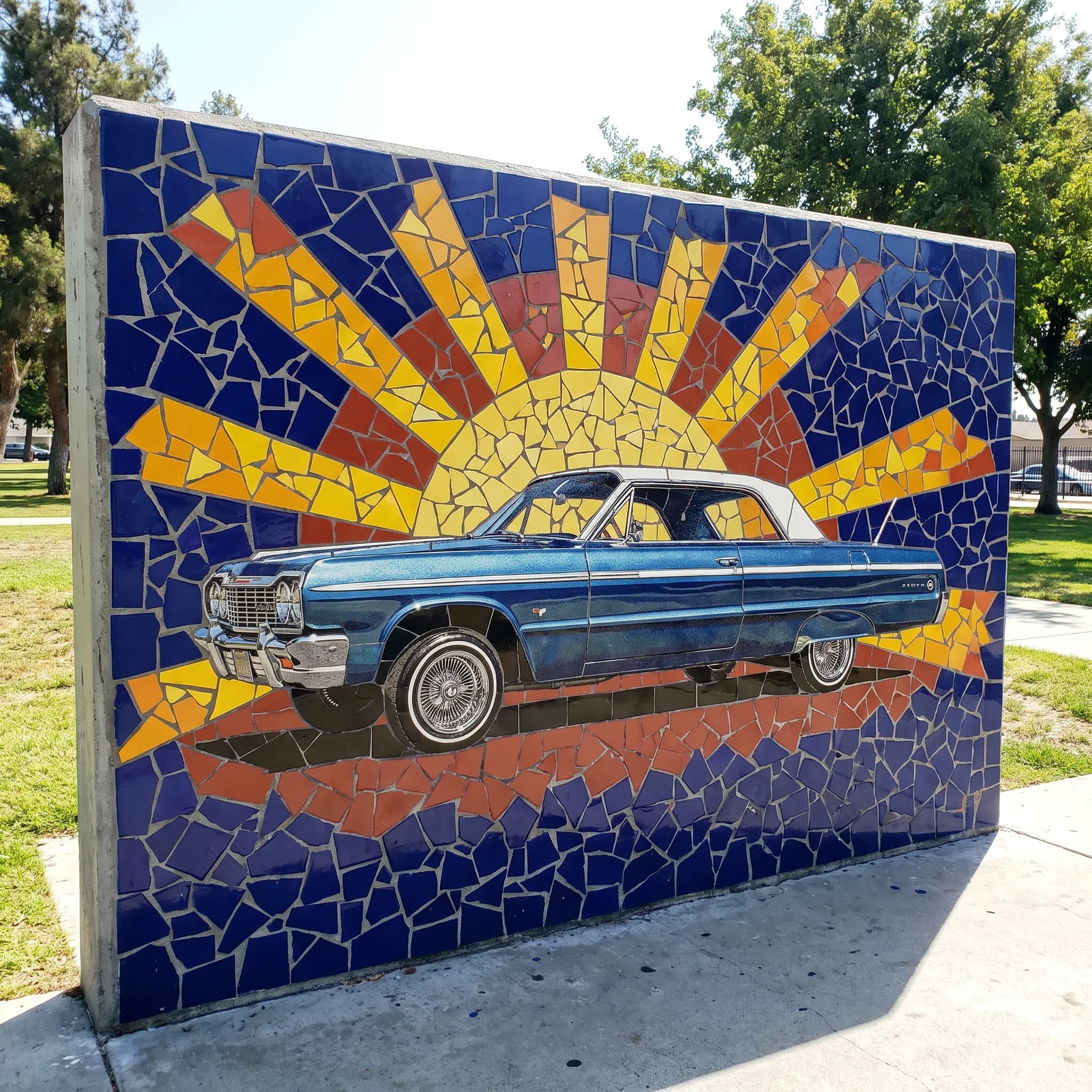 Ceramic tile mosaic of a lowrider sedan in profile with a radiating sun, Chicano art style