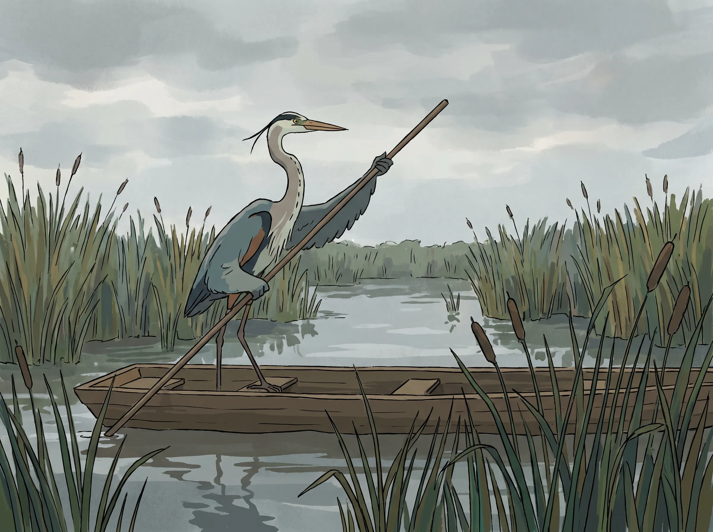 Heron ferryman with traced outlines and flat color, rotoscope animated art style