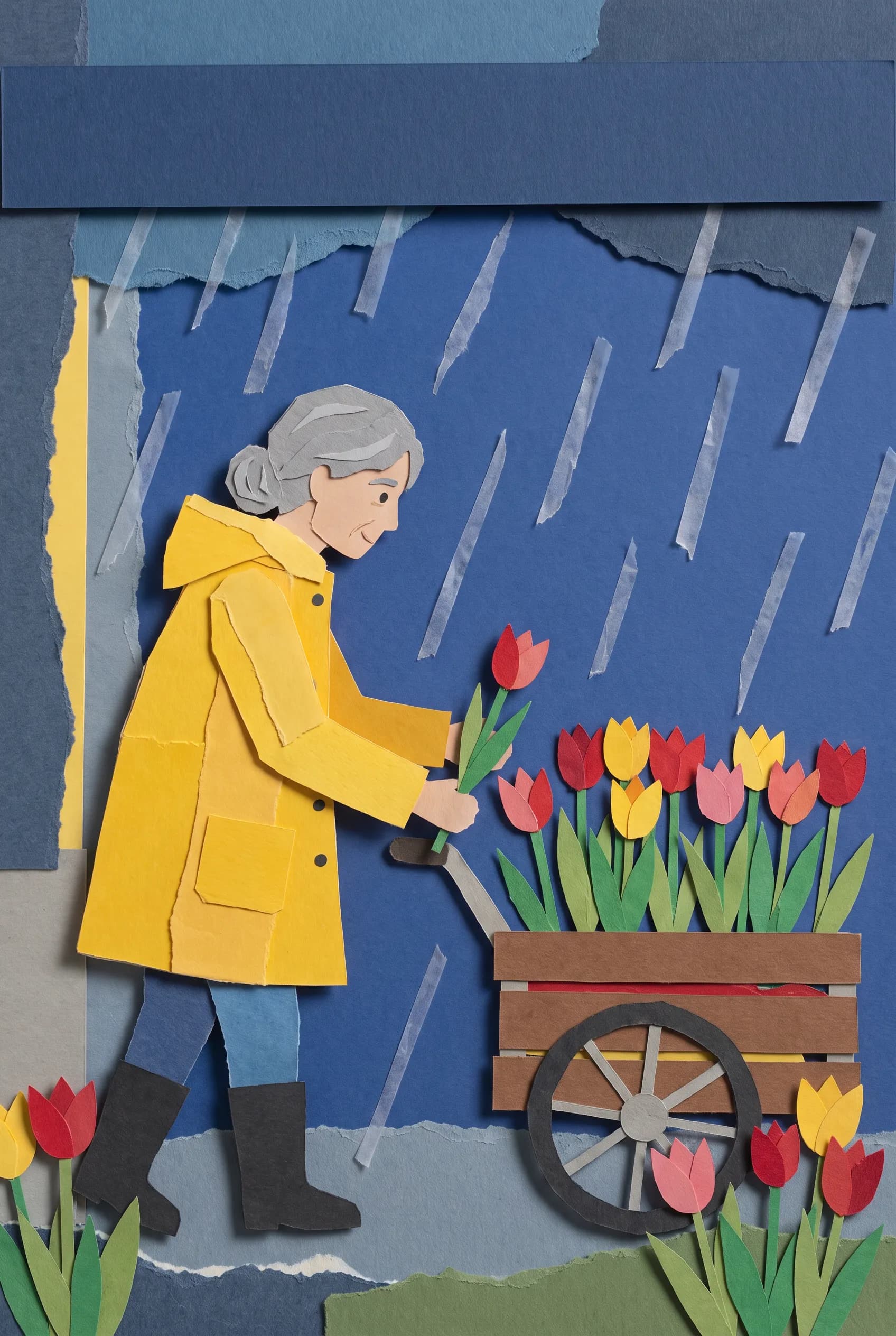 Cut-paper collage book cover of a flower seller at a tulip cart on a rainy evening, illustrative art style