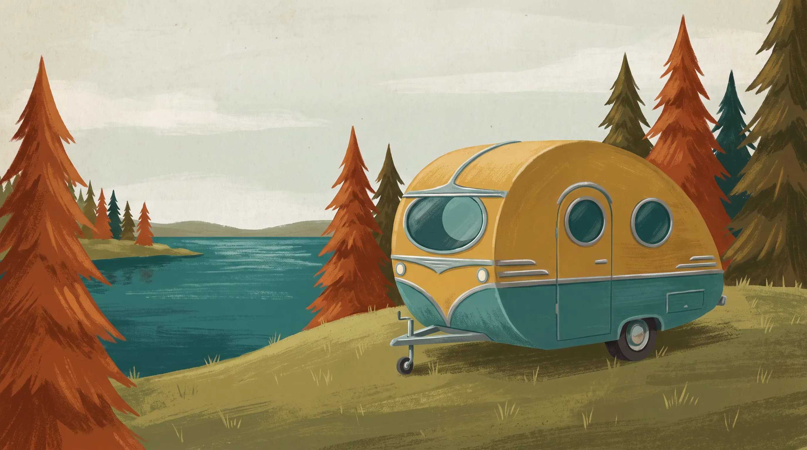 Gouache illustration of a teardrop camper trailer parked beside a pine lake, retro art style
