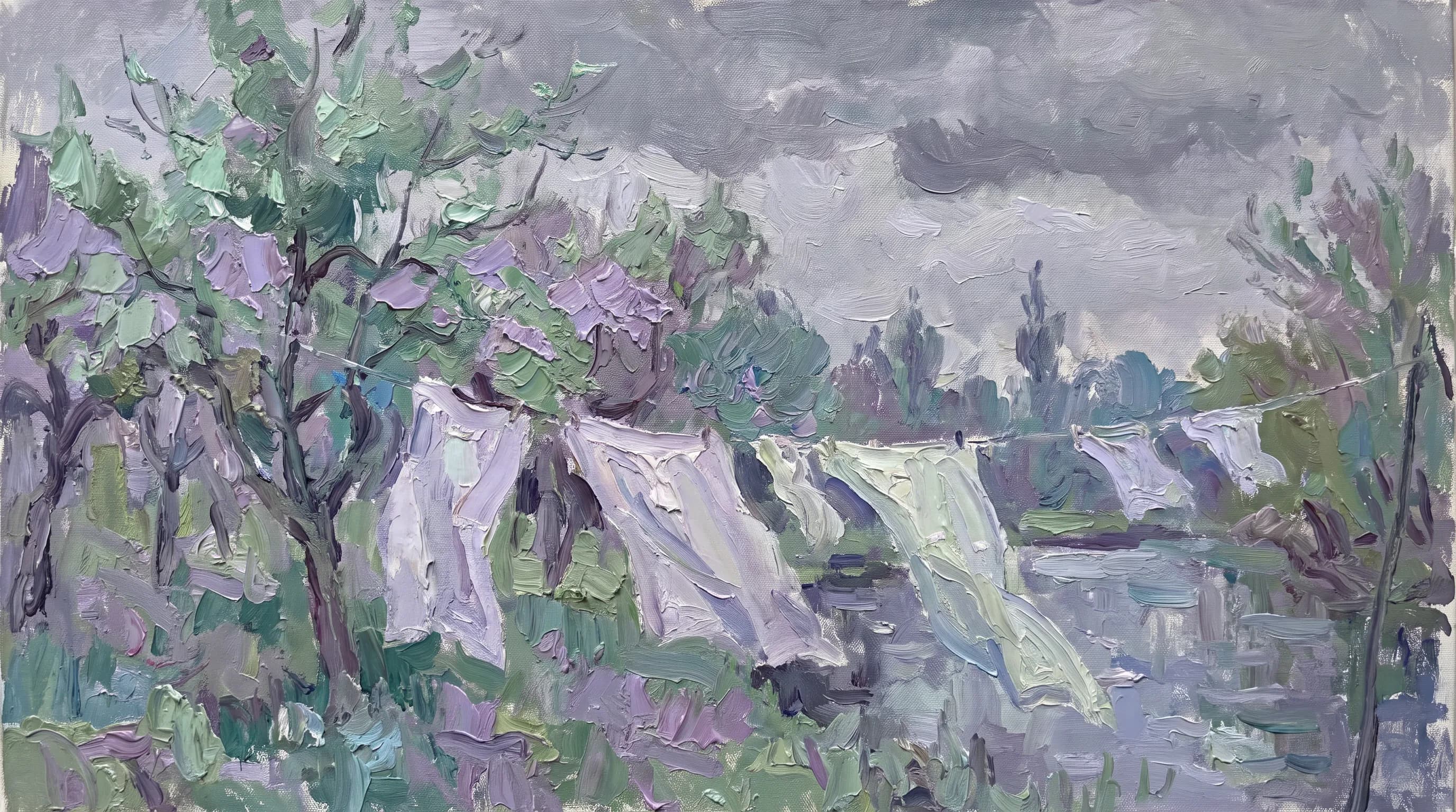 Wide oil canvas of sheets drying in a riverside orchard under an overcast sky, Claude Monet art style