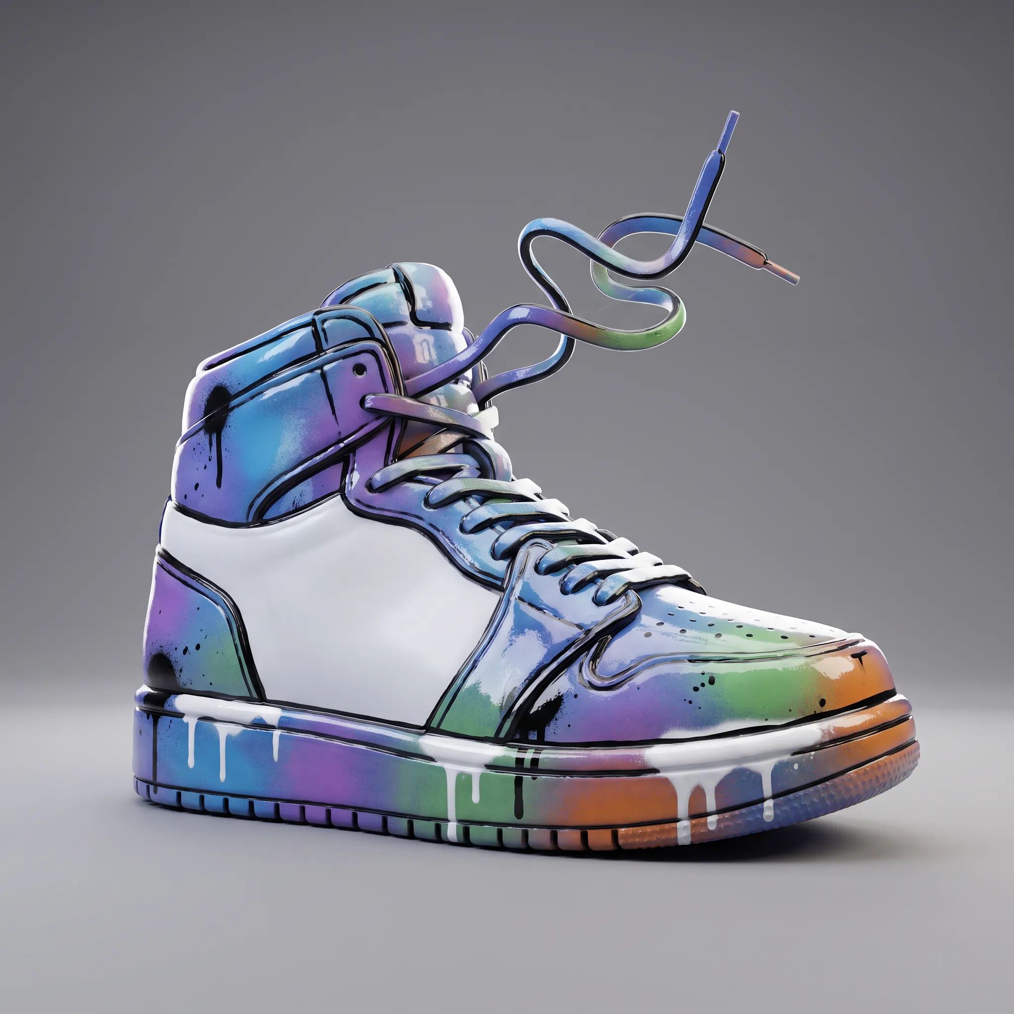 3D render of a chunky high-top sneaker as a vinyl art toy with a spray-paint finish, graffiti art style