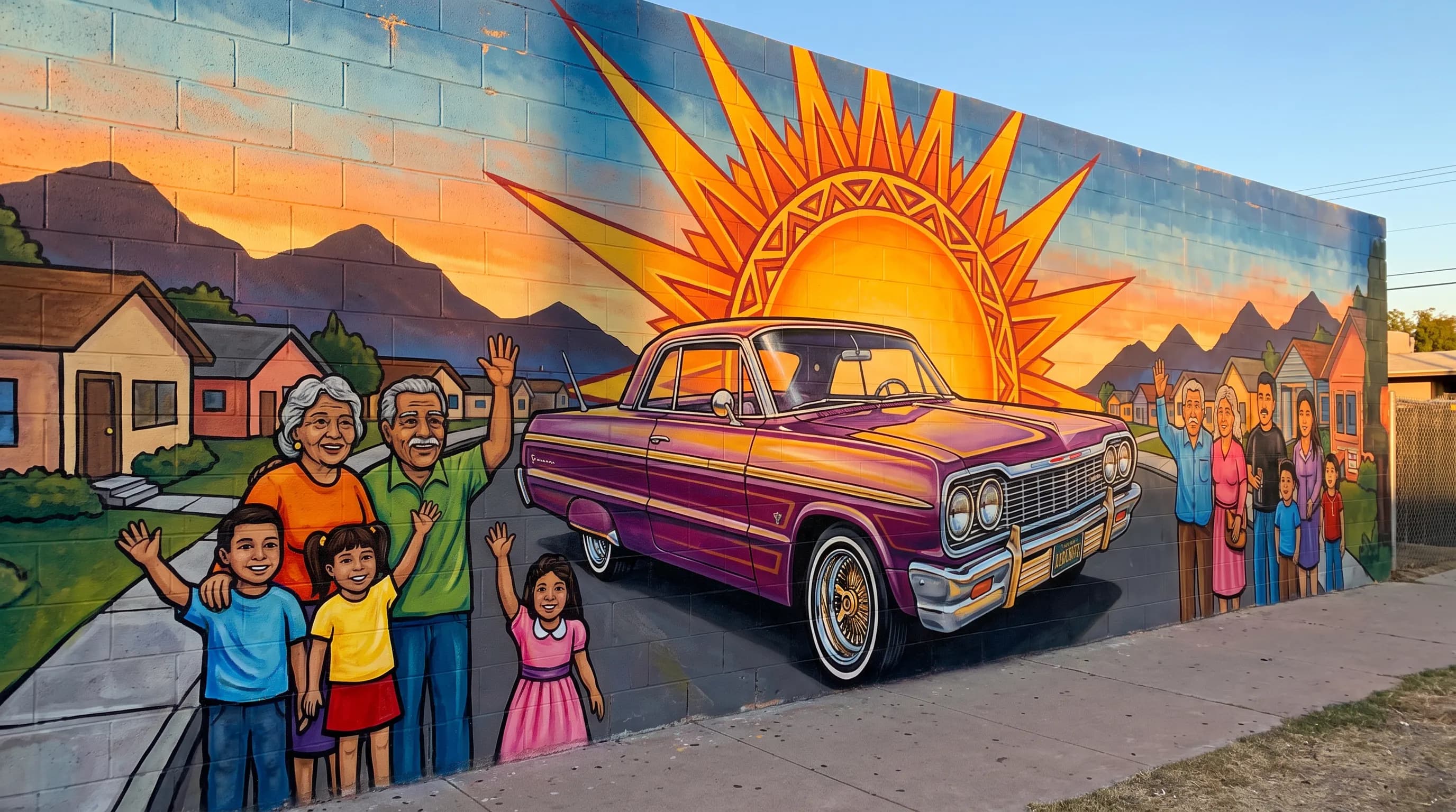 Community mural of a 1960s lowrider sedan cruising under a stylized sun, Chicano art style