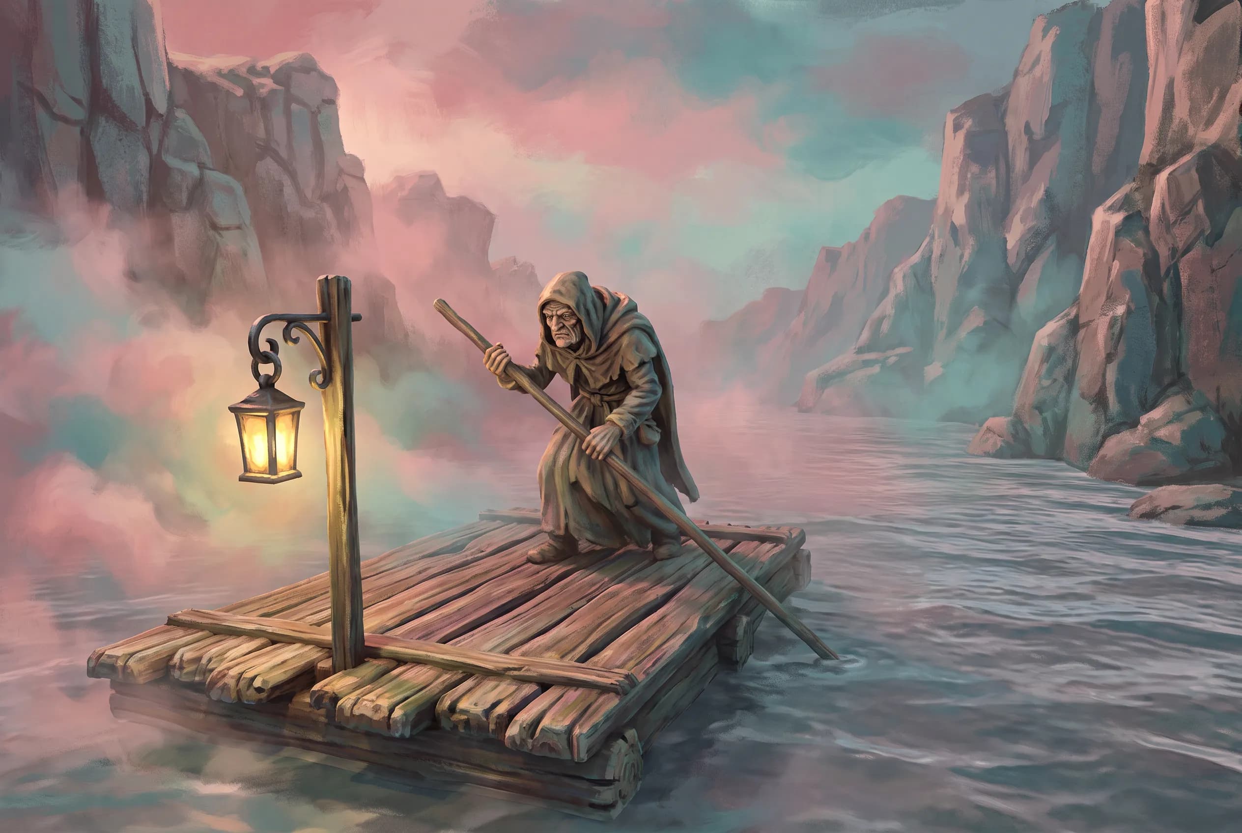 Elderly ferryman on a raft in a misty river gorge, hand-painted painterly 3D game art