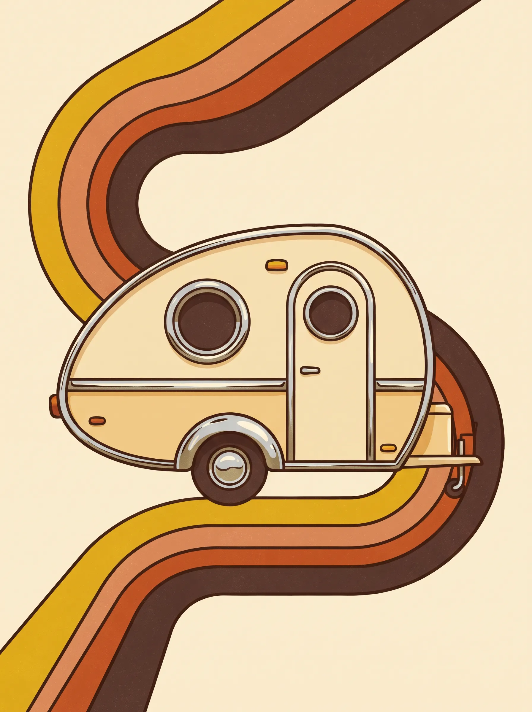Teardrop camper trailer in front of curving mustard and brown stripes, 1970s retro art style