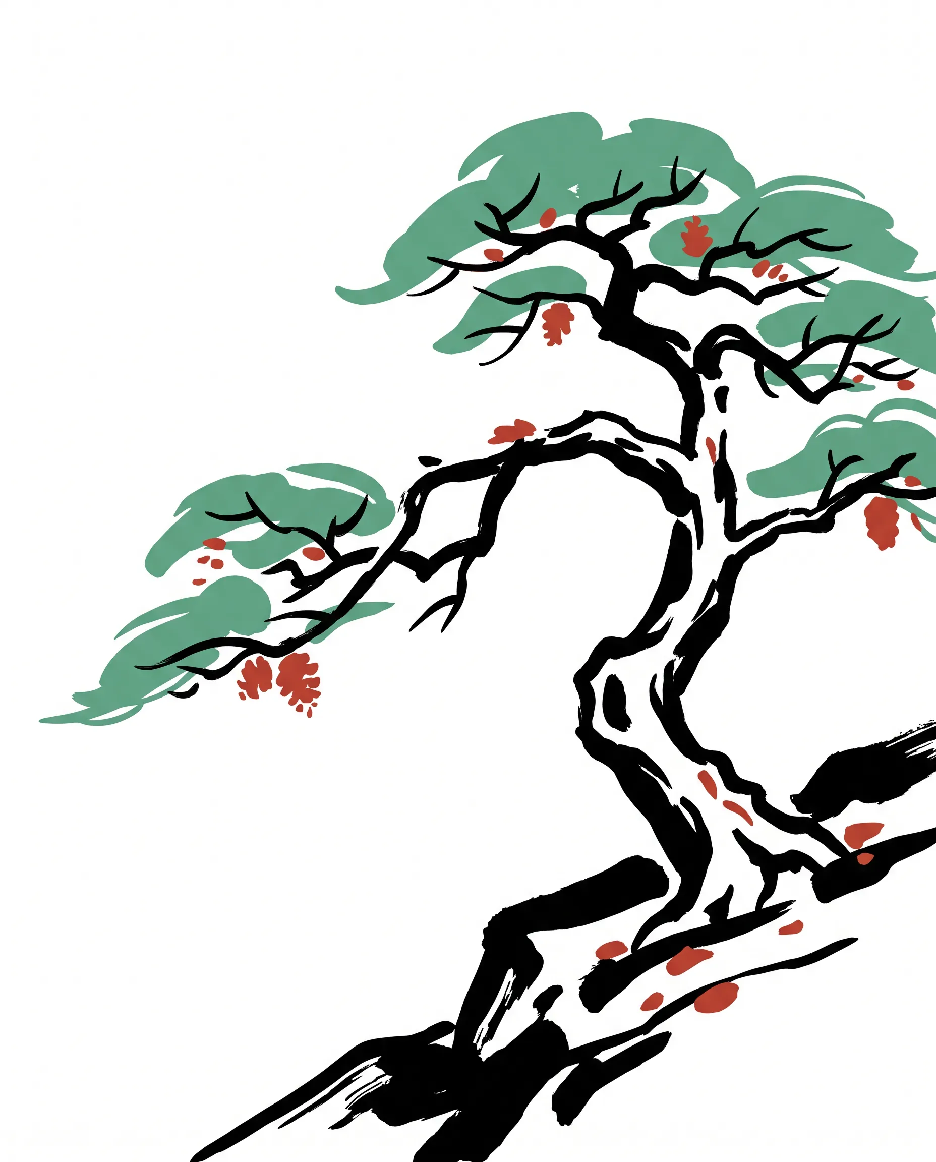 Flat vector poster of a pine on a rock in black, jade green and red, inspired by Chinese ink painting