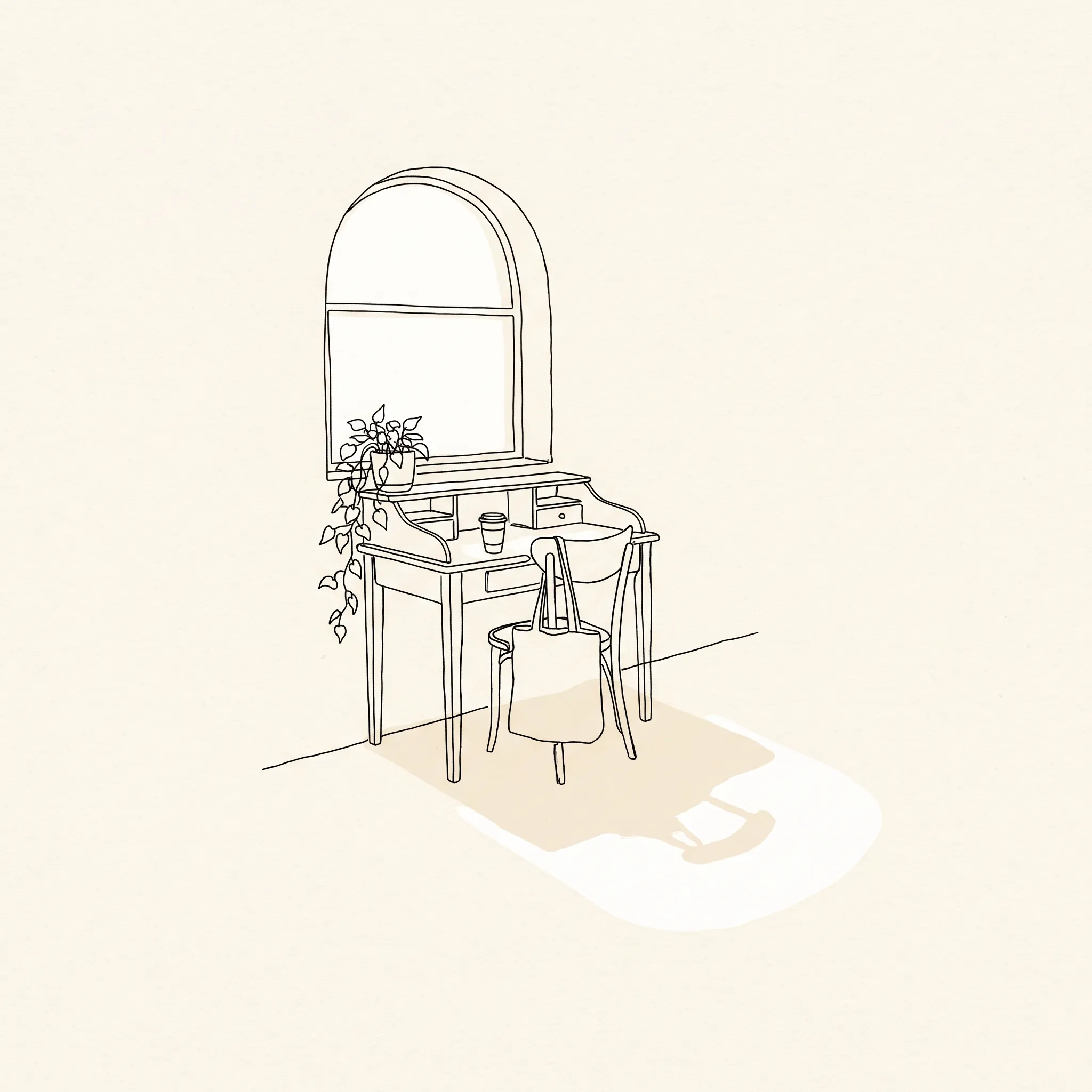 Single continuous ink line drawing of a writing desk with a coffee cup and plant, minimalist aesthetic art style
