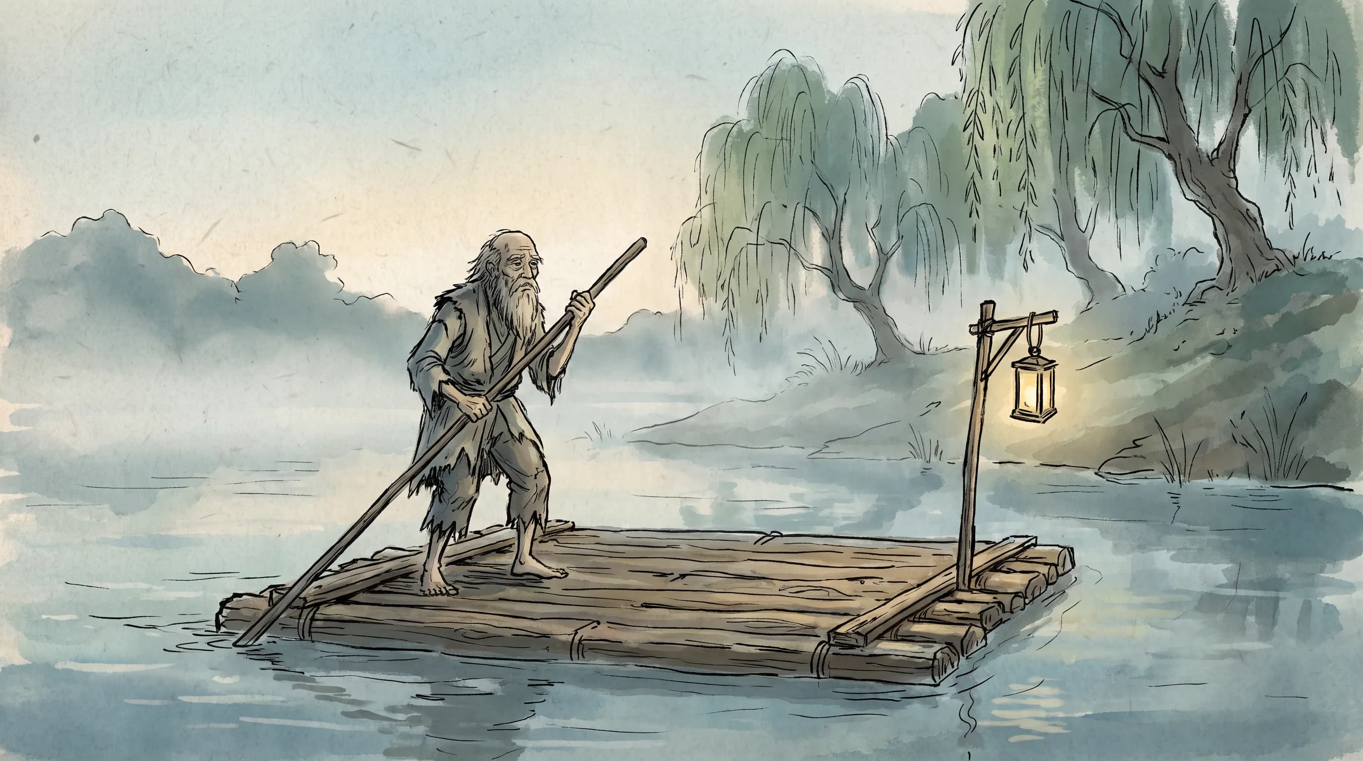 Elderly ferryman poling a raft across a misty river, hand-drawn ink and watercolor 2D game art