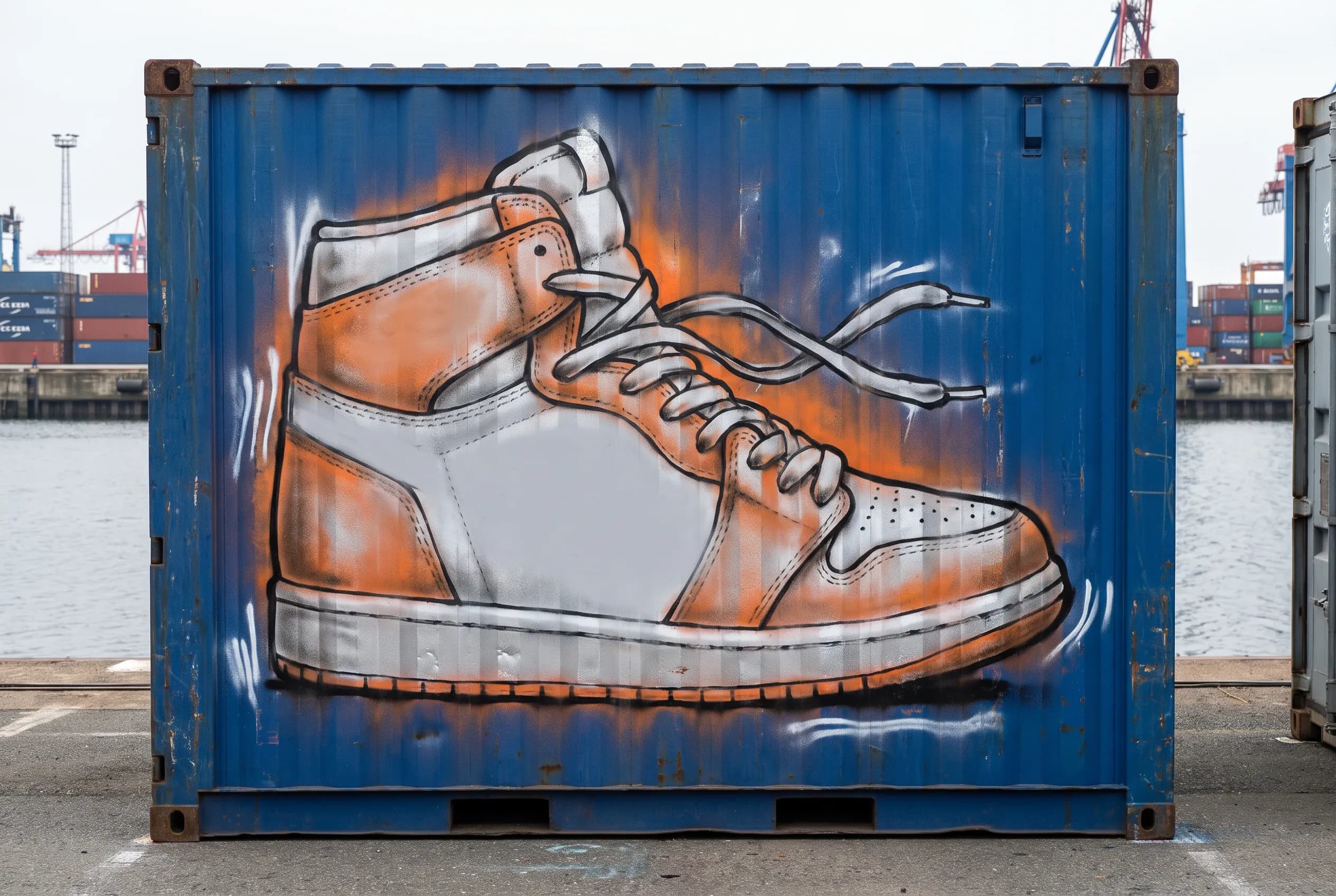 Chunky high-top sneaker spray-painted on the side of a blue shipping container, graffiti art style