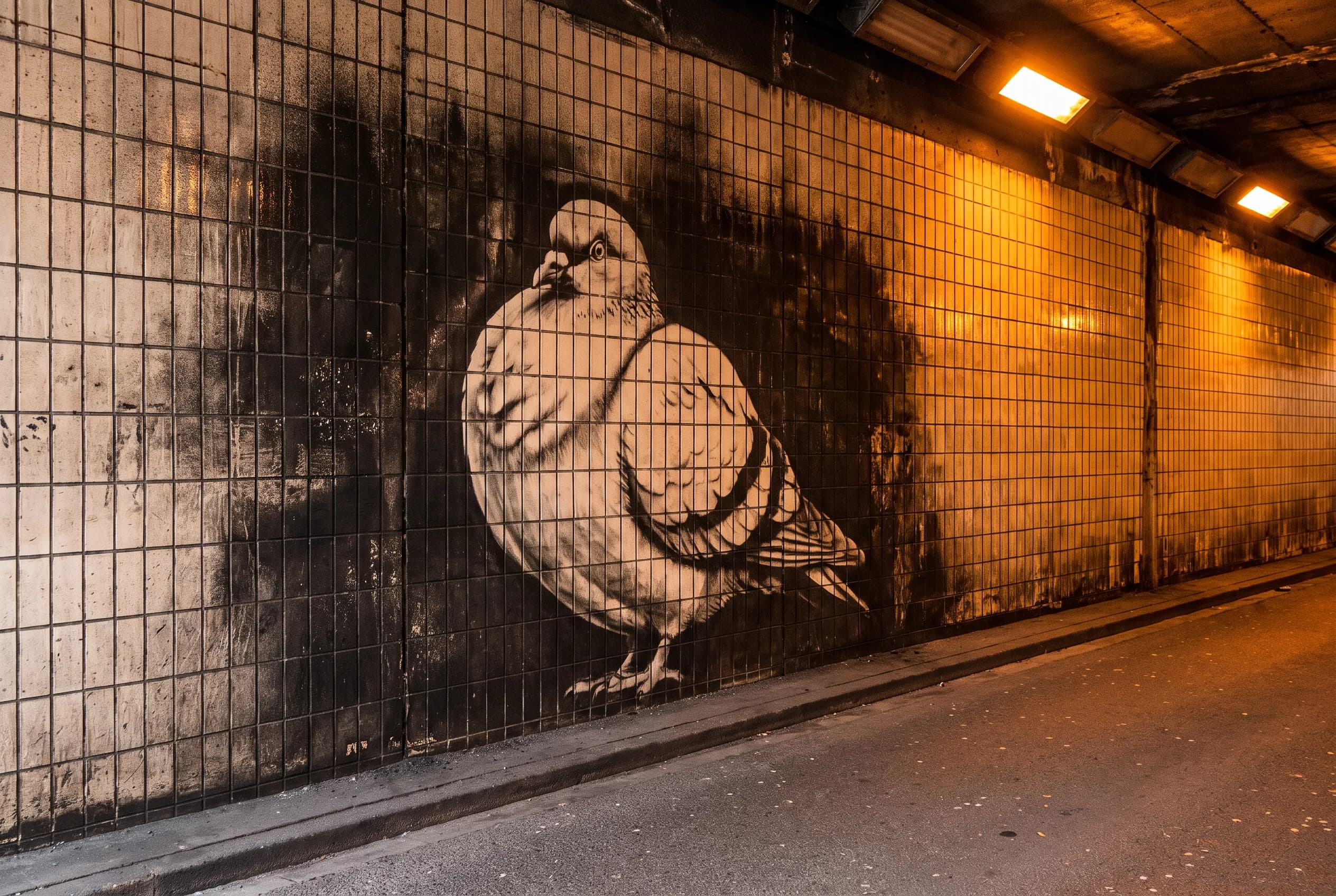 Plump city pigeon wiped out of soot on a tunnel wall, reverse graffiti style