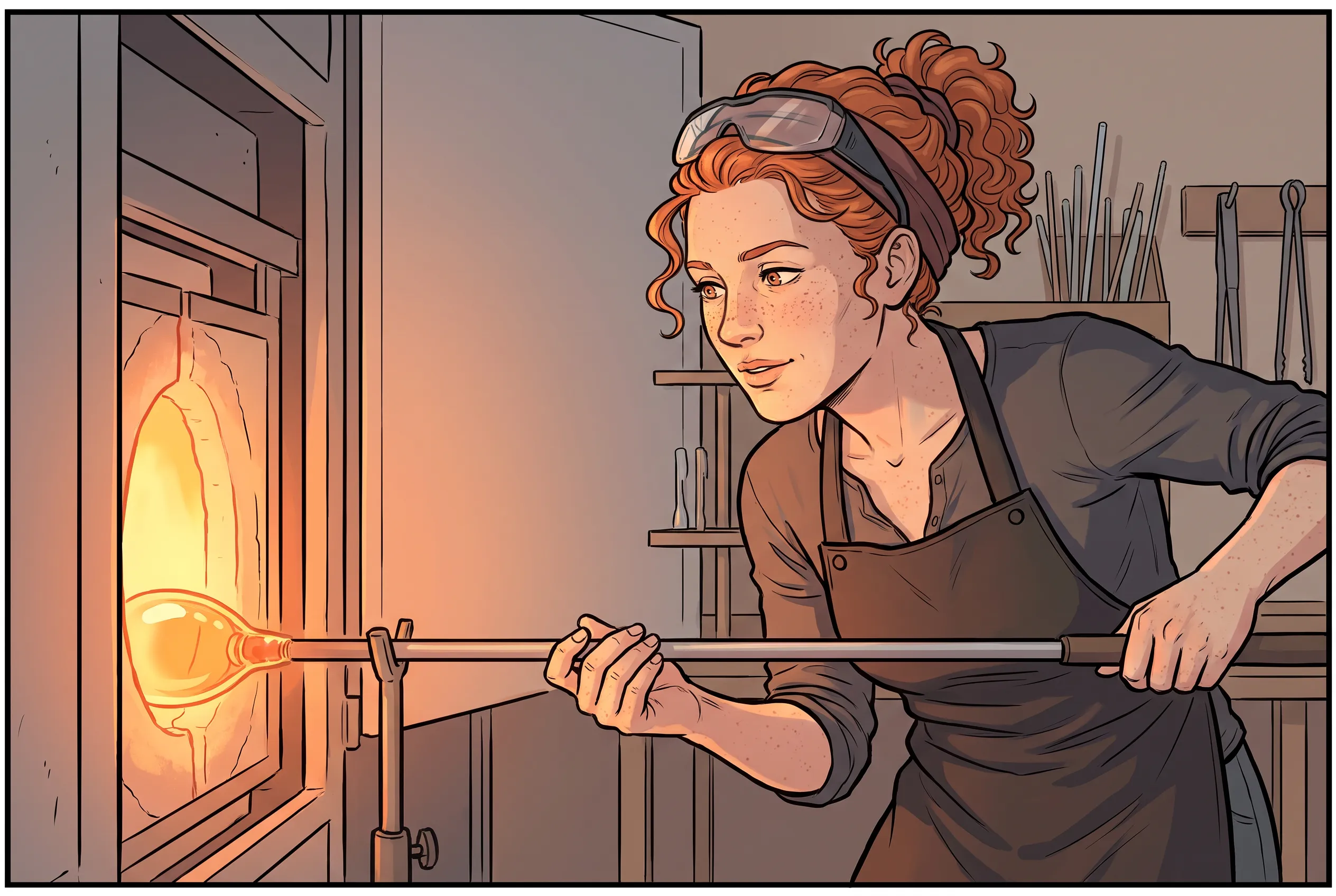 Glassblower leaning toward a furnace in a graphic novel panel, semi-realistic comic style