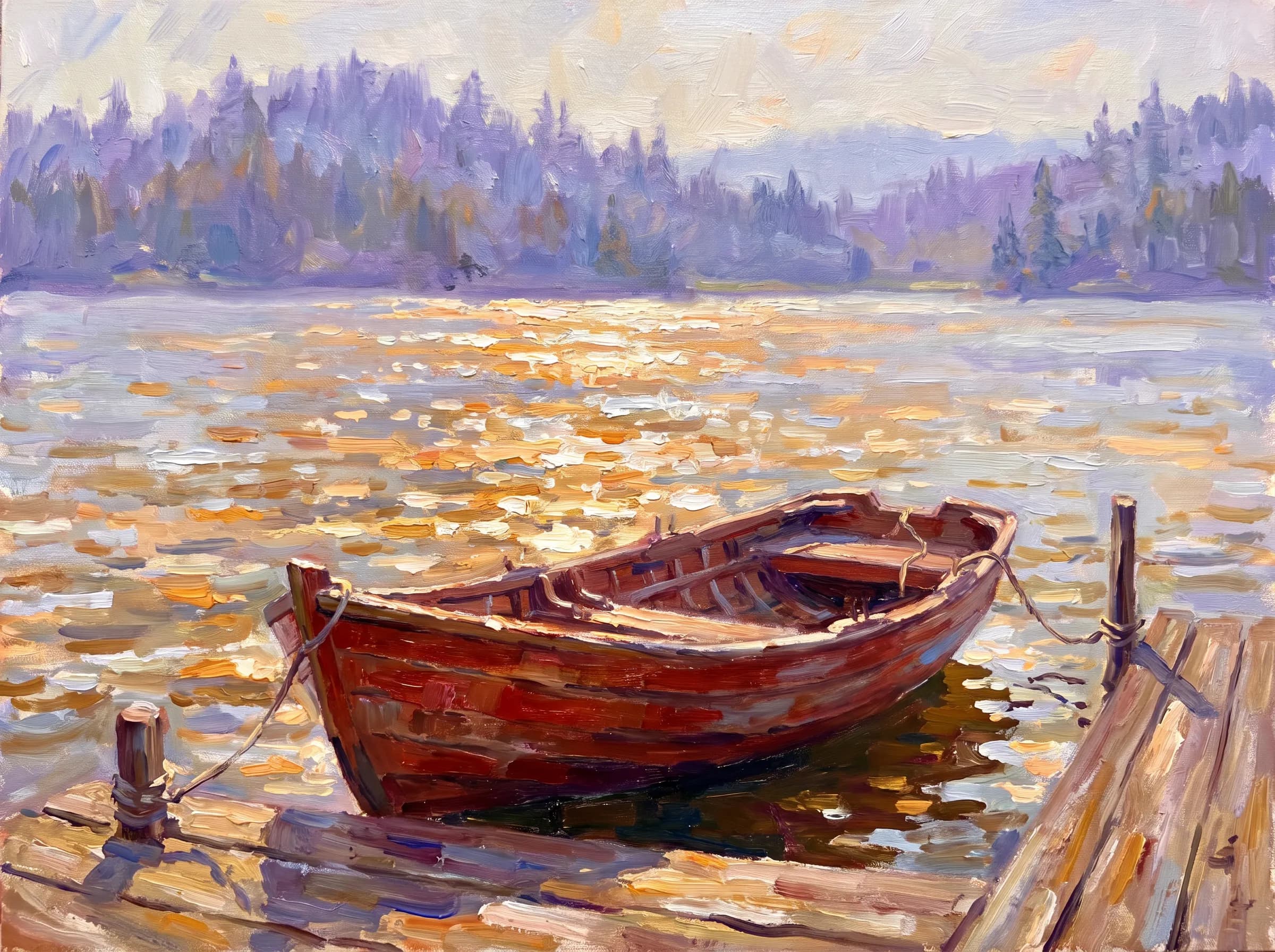 Red rowboat by a lake jetty in an impressionist plein-air painting