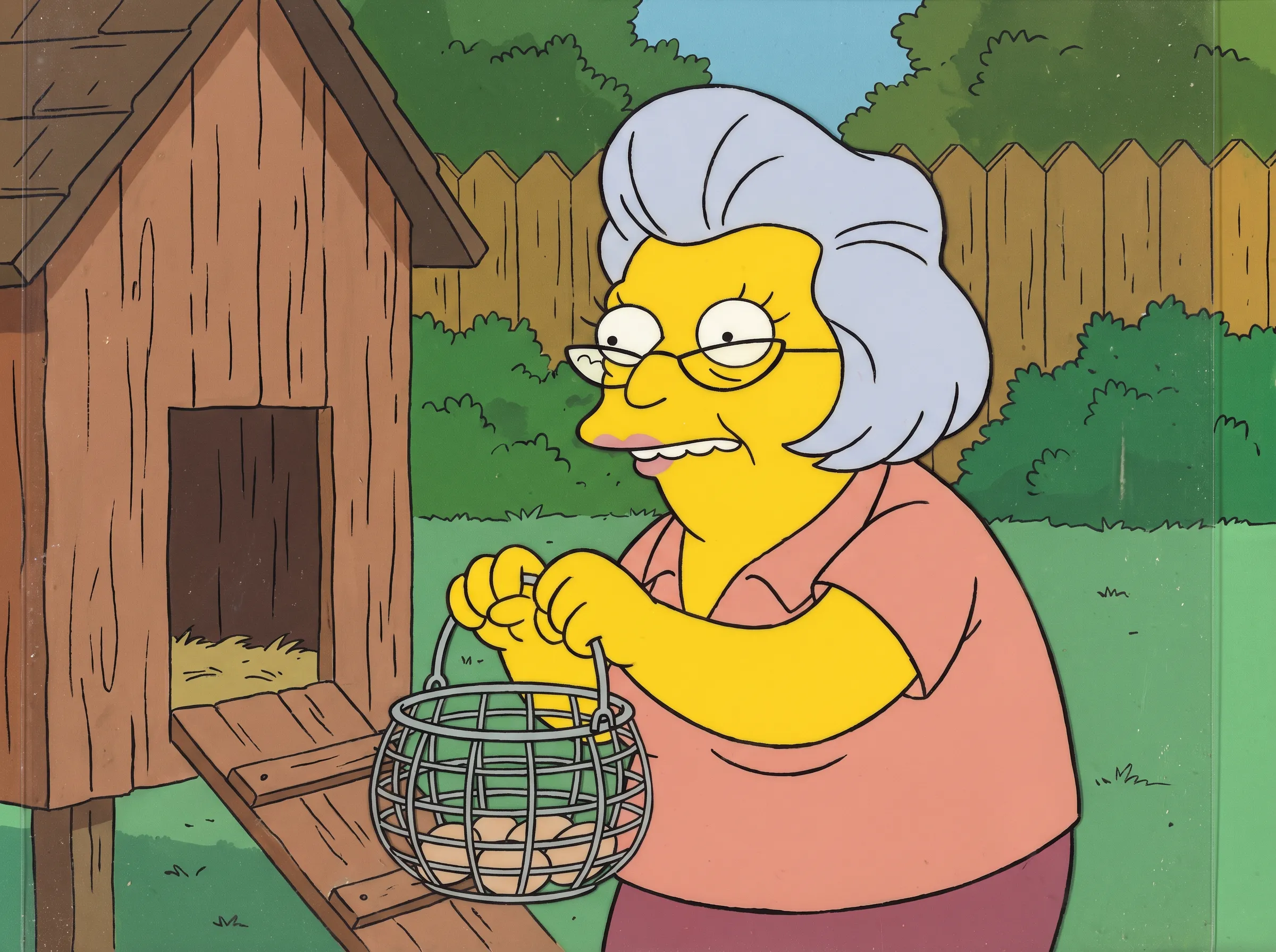 Painted animation cel of a silver-haired woman with an egg basket by a henhouse, Simpsons art style