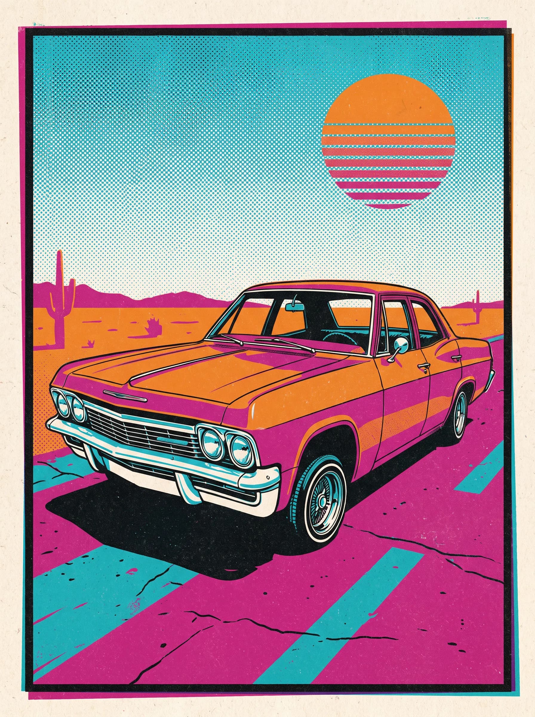 Four-color screenprint poster of a 1960s lowrider sedan with halftone sky, Chicano art style
