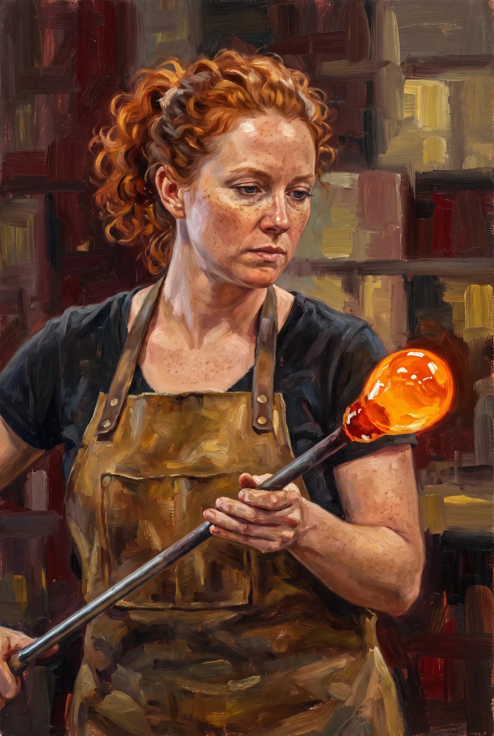 Glassblower holding a blowpipe in loose oil paint, semi-realistic painting style