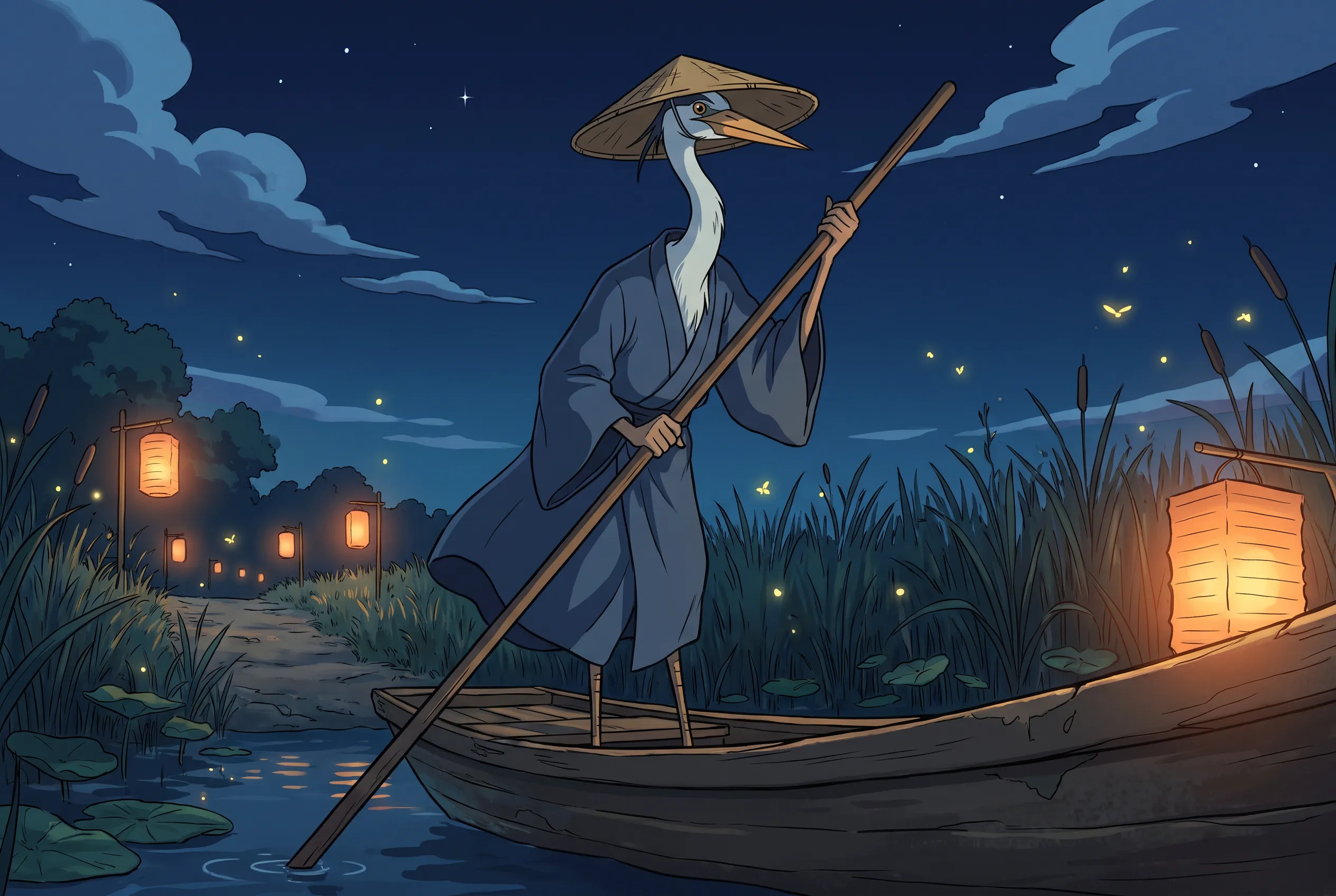 Heron ferryman under a lantern-lit night sky in an anime animated art style