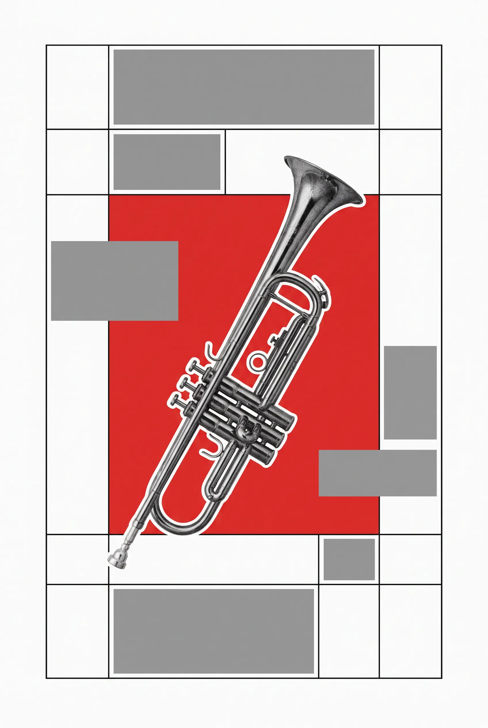 Brass trumpet photo set off-center on a modular grid, Swiss International Typographic Style poster