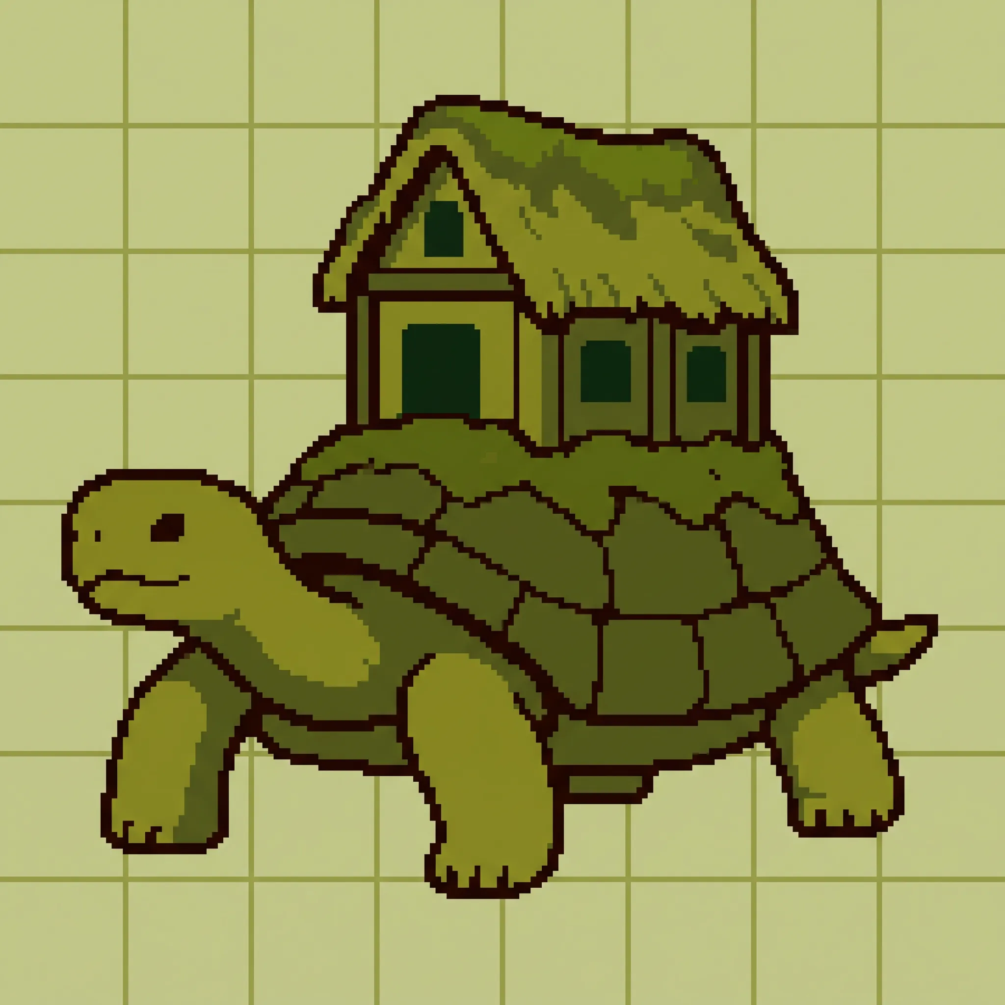 Giant tortoise with a cottage on its shell in four shades of olive green, handheld-era pixel art