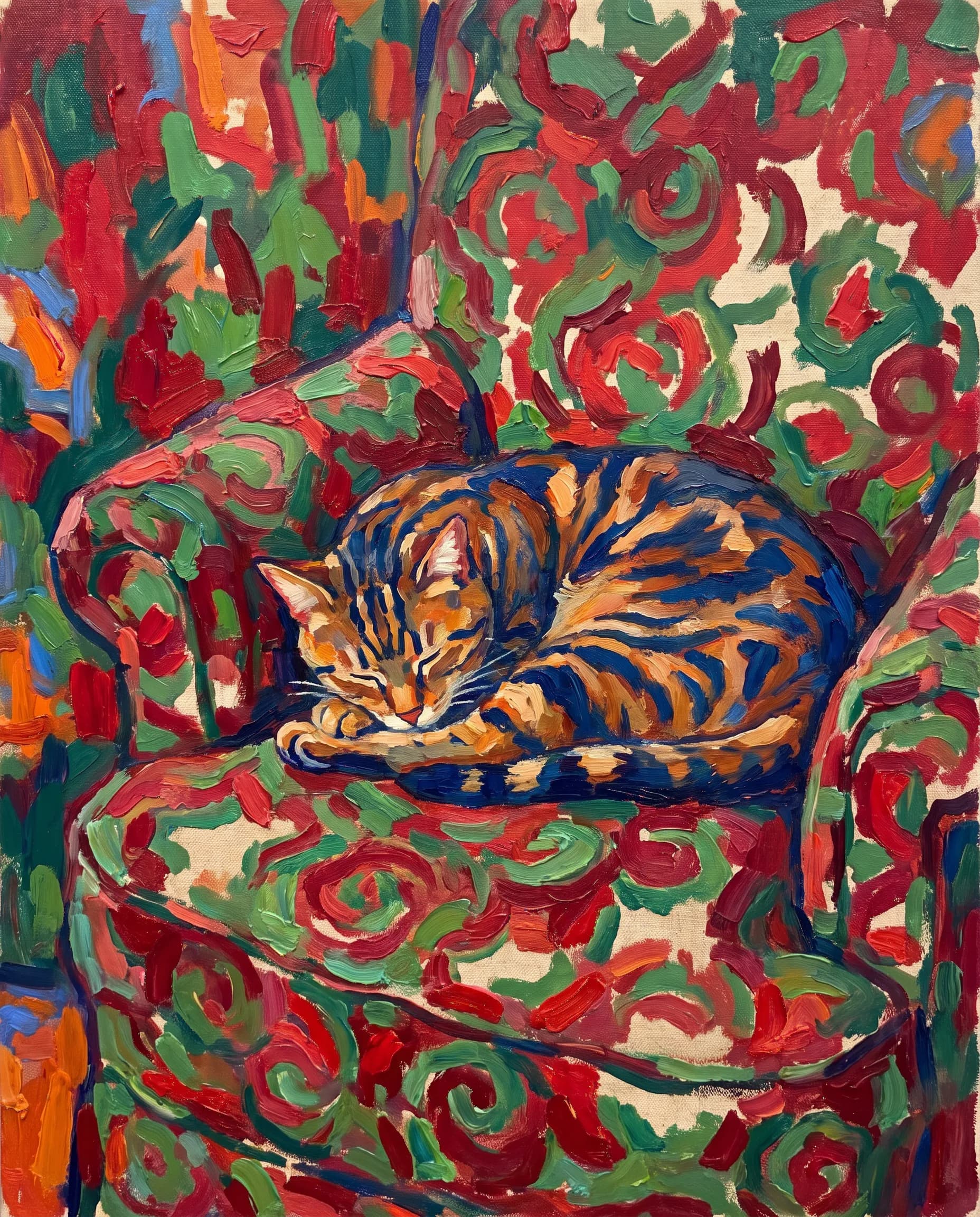 Fauvist oil painting of a tabby cat asleep on a patterned armchair, Henri Matisse art style