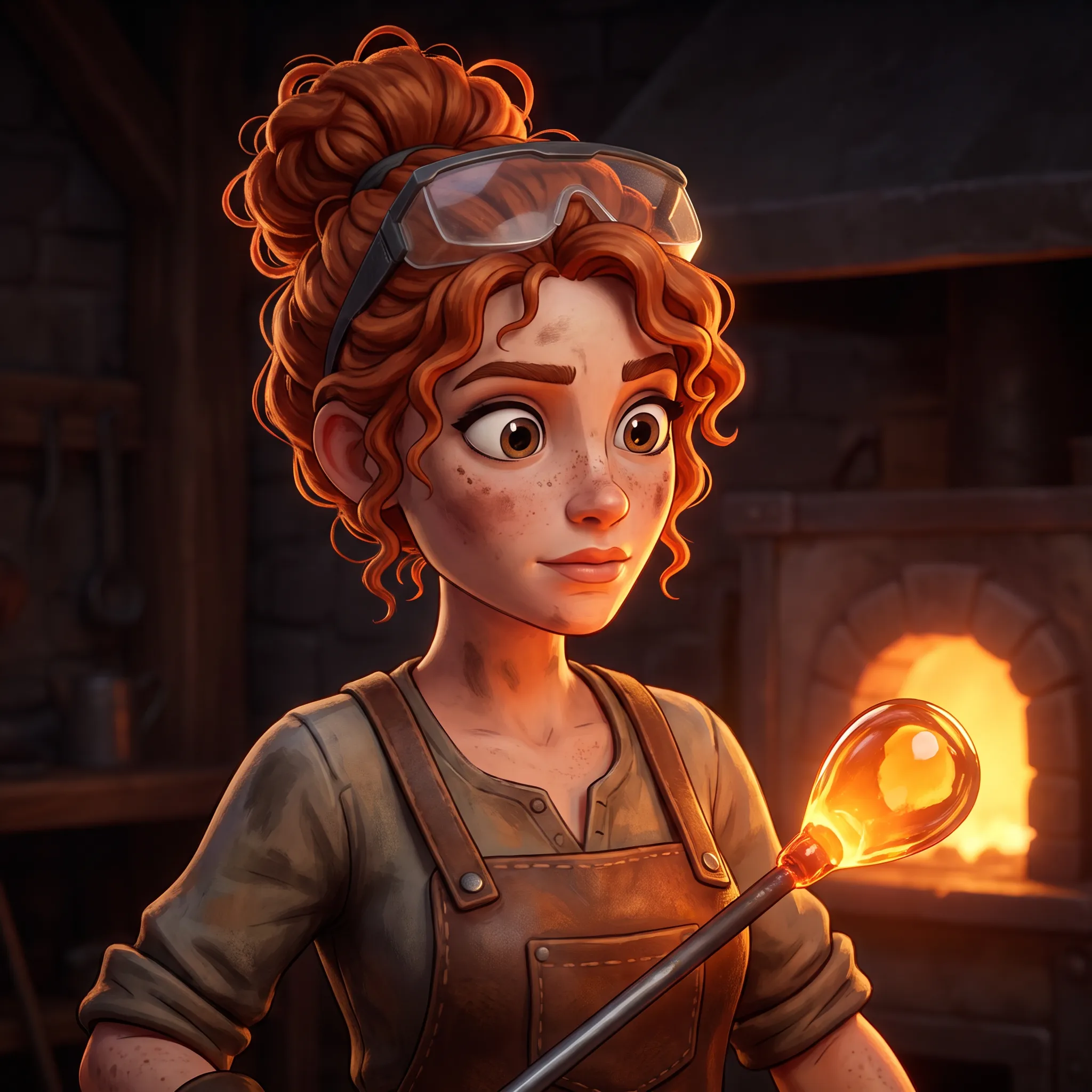 Glassblower in her late thirties as a stylized 3D character, semi-realistic 3D style