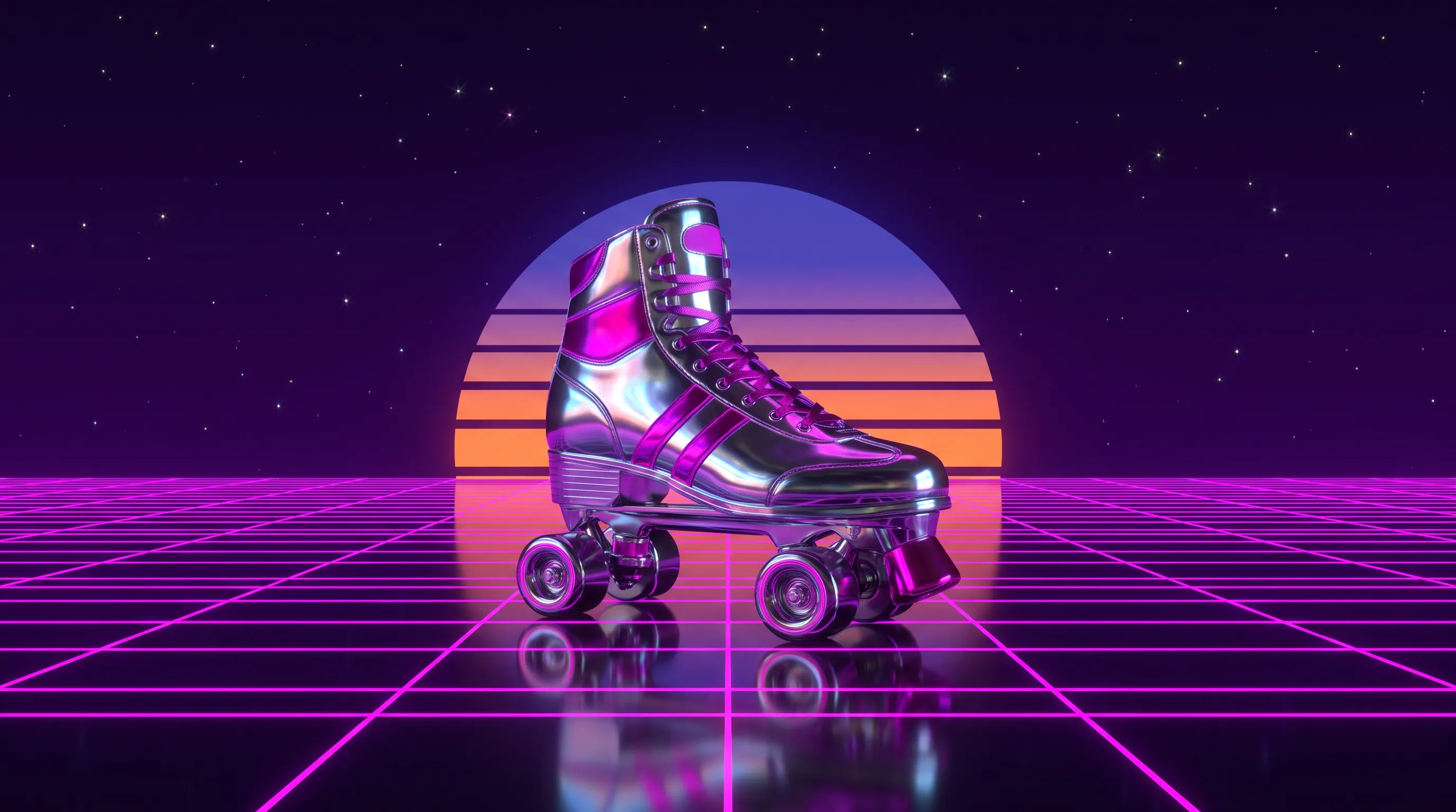 High-top roller skate on a glowing magenta grid before a striped sunset, 80s art style