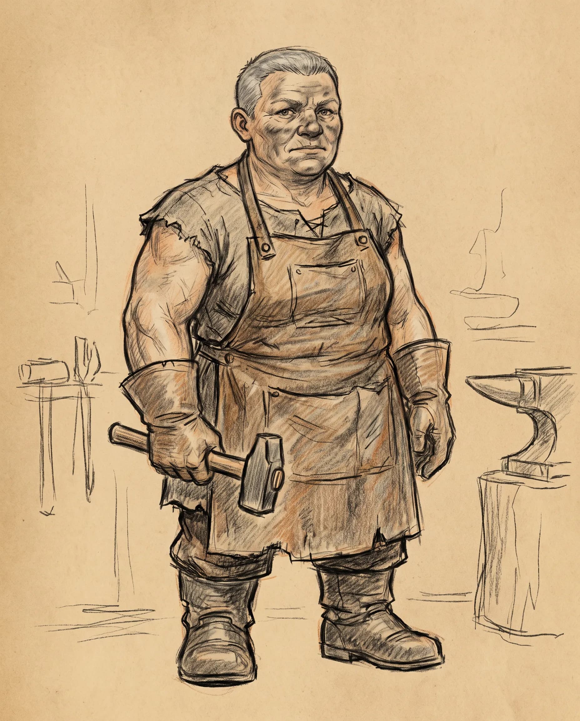 Blacksmith built from square shapes, blocky character art style in marker and colored pencil